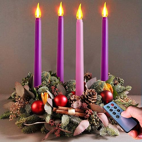 Juego de 4 velas cónicas sin llama a pilas para corona de Adviento – 3 moradas, 1 rosa – Velas parpadeantes para decoración del hogar, iglesia y