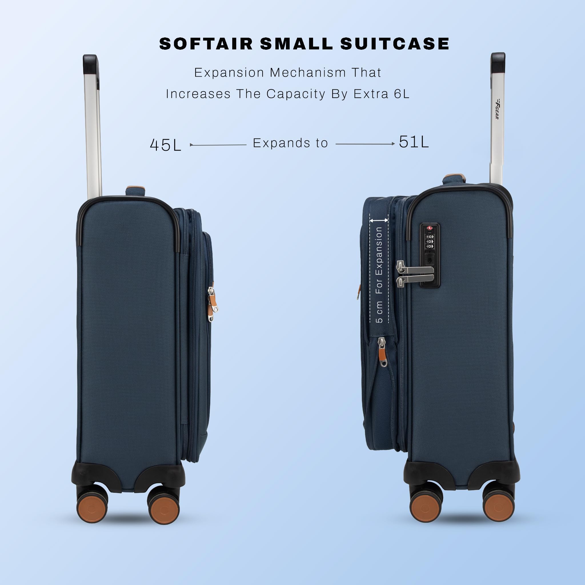 F Gear Softair - Trolley da cabina piccolo, leggero, espandibile, con ruote girevoli a 360°, sistema silenzioso a 8 ruote, serratura TSA integrata, cerniera antifurto ed etichetta per bagagli