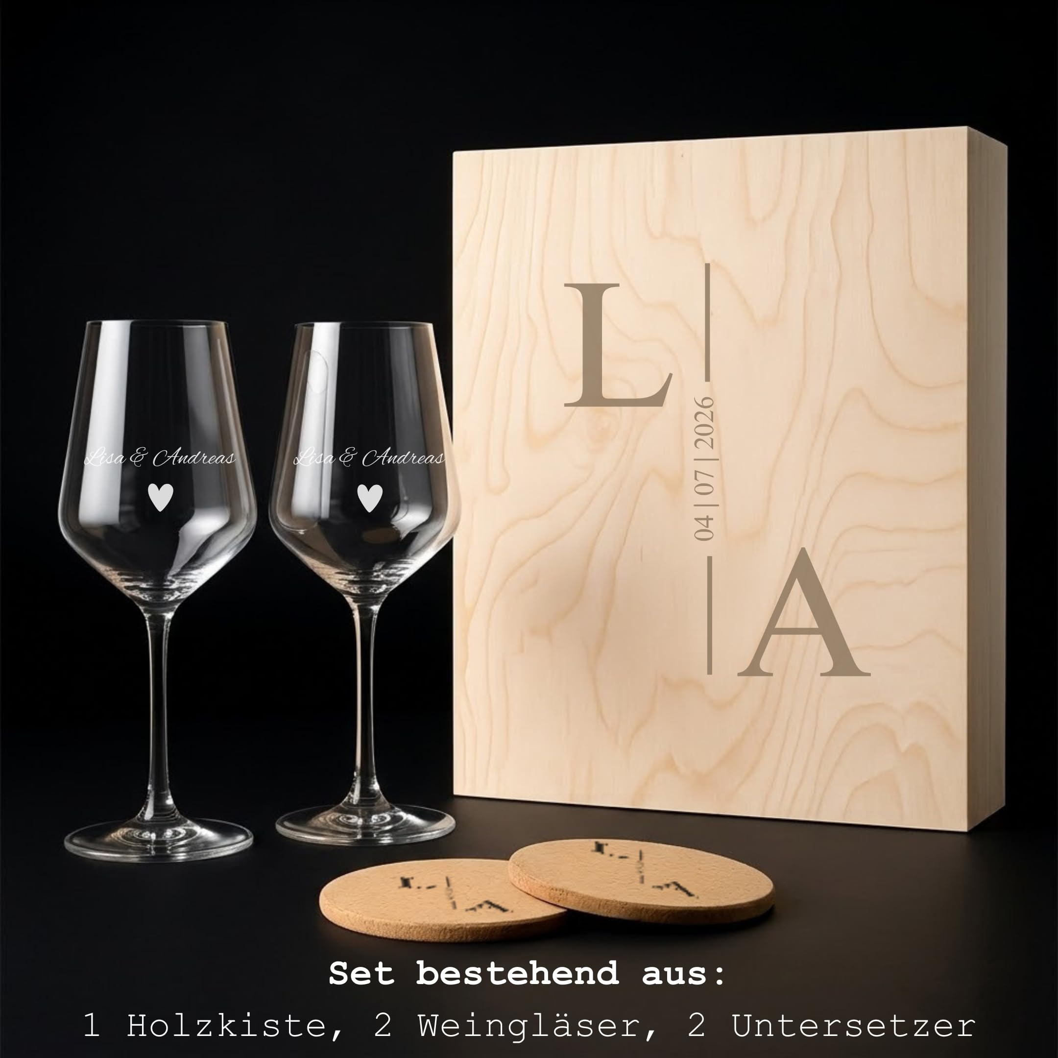 Weinglas Set Paar personalisiert mit Namen Gravur – 2 Weingläser + Holzbox + 2 Untersetzer – Hochzeitsgeschenk Jahrestag Verlobung (Weinglas Set Paar Initialen graviert)
