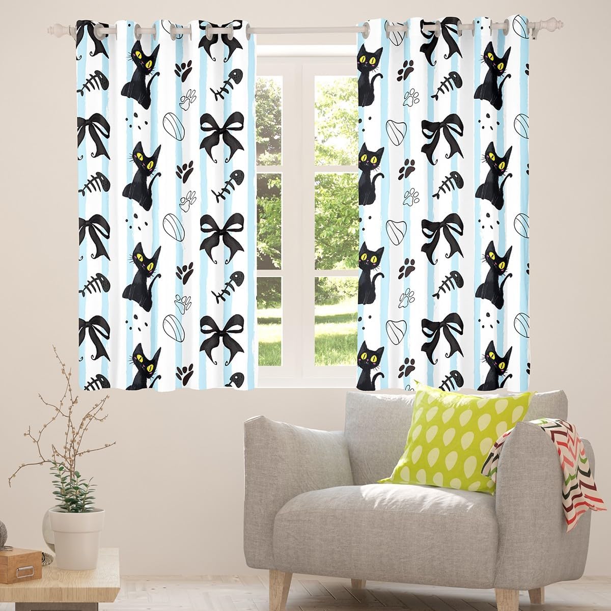 Manfei Bowknot Kids Blackout Curtain,Fish Bones Dog Paws Print Black Cat Window Drapes for Boys Girls,Geometric Blue Stripes Kawaii Bow White Window Treatments Grommet Top 2 Panel Set,52Wx63L inch