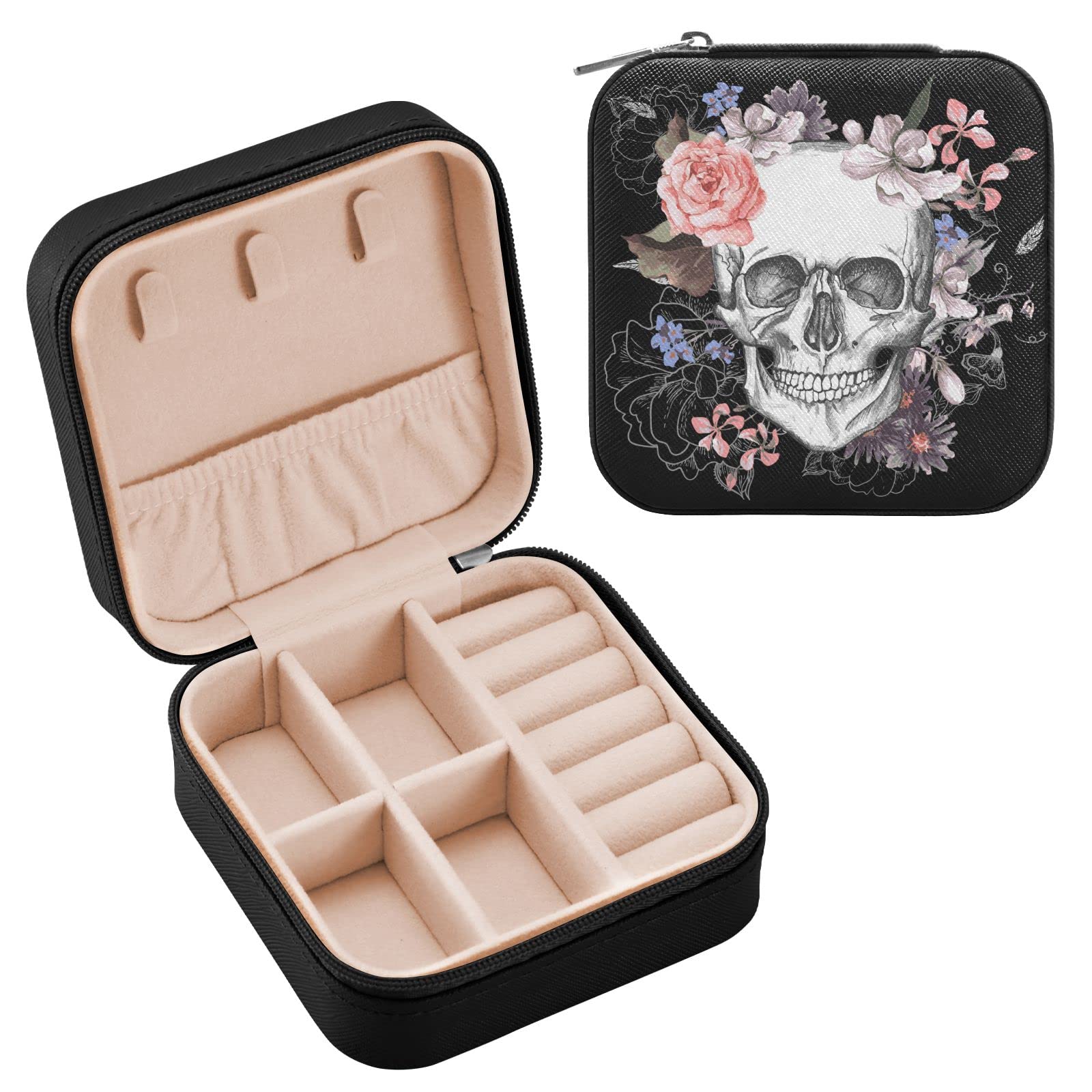 ZZKKO Sugar Skull with Flower Small Jewelry Box Travel Jewelry Case Leather Jewelry Travel Organizer Mini Portable Storage Boxes for Womens Rings Necklaces Gifts Black