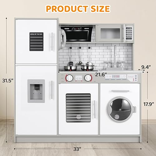 Miniatura 2 de Juego de cocina para niños, juego de juguetes de madera con diseño realista, sonidos de luces, ollas y utensilios para niños y niñas a partir de 3