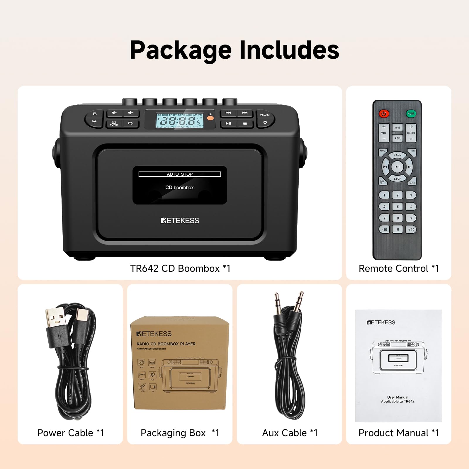 Retekess TR642 Lecteur CD Portable Radio AM FM Cassette Batterie 5000 mAh Boombox Stéréo