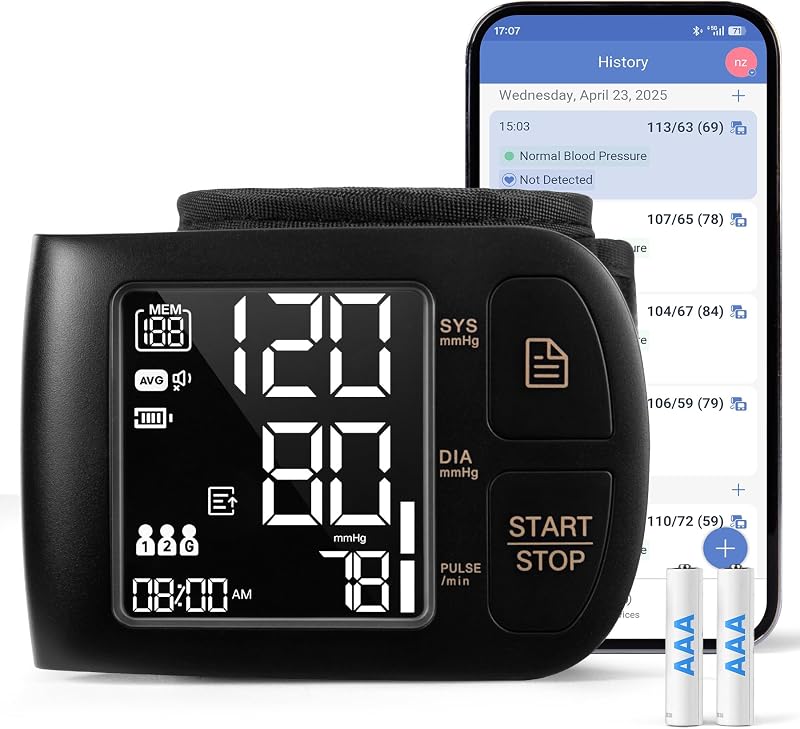 Blood Pressure Monitor Bluetooth BP Machine with Carrying Case, Black | Compatible for iOS & Android, 199x2 Readings, Adjustable Wrist Cuff 5.31-8.46 inch, Voice Broadcast, Batteries Included