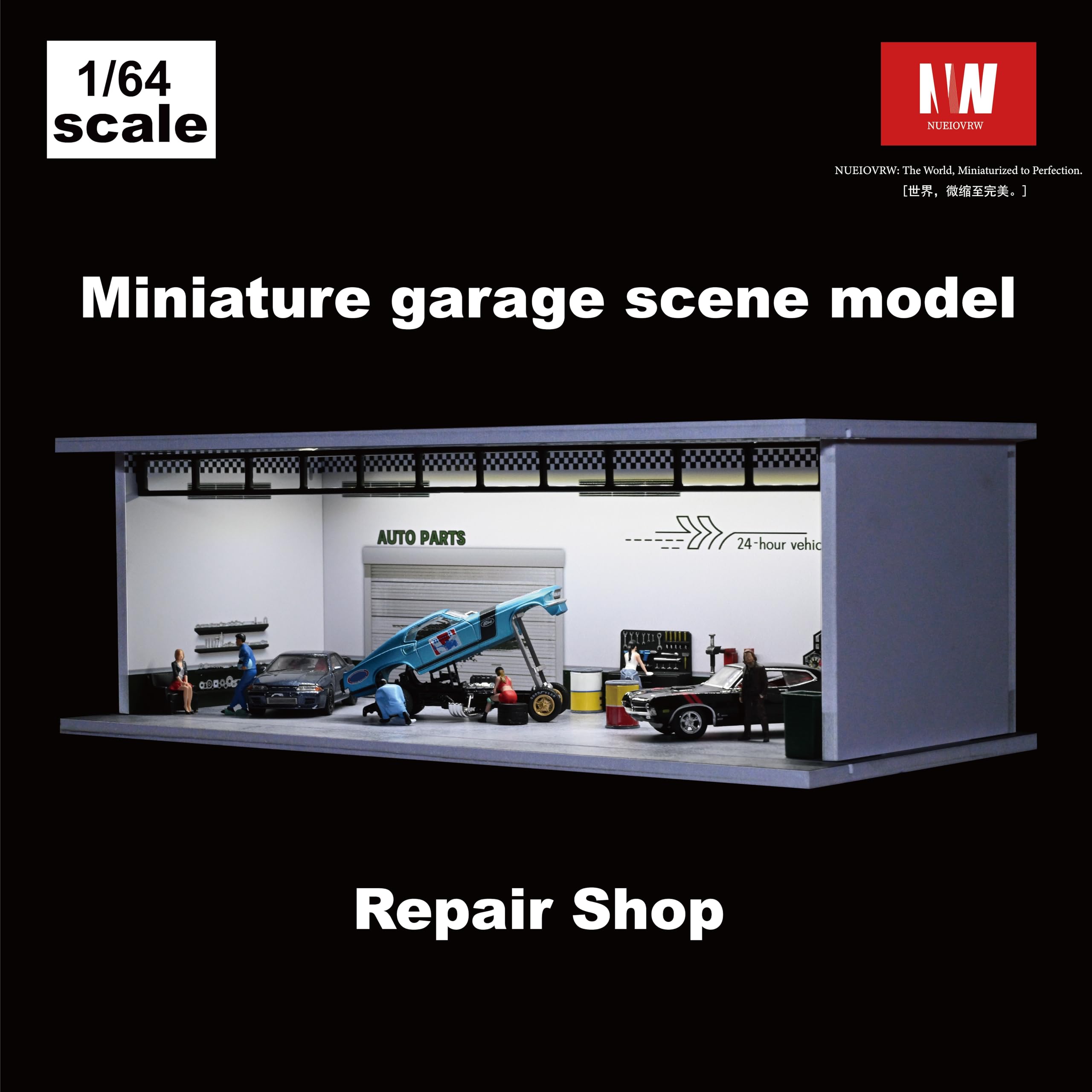 Modèle de garage diorama 1/64, avec éclairage LED, ville, salle d'exposition, scène de parking, échelle 1/64, boîtier d'affichage de garage pour modèle de scène de voiture, jouet idéal (Repair Shop)