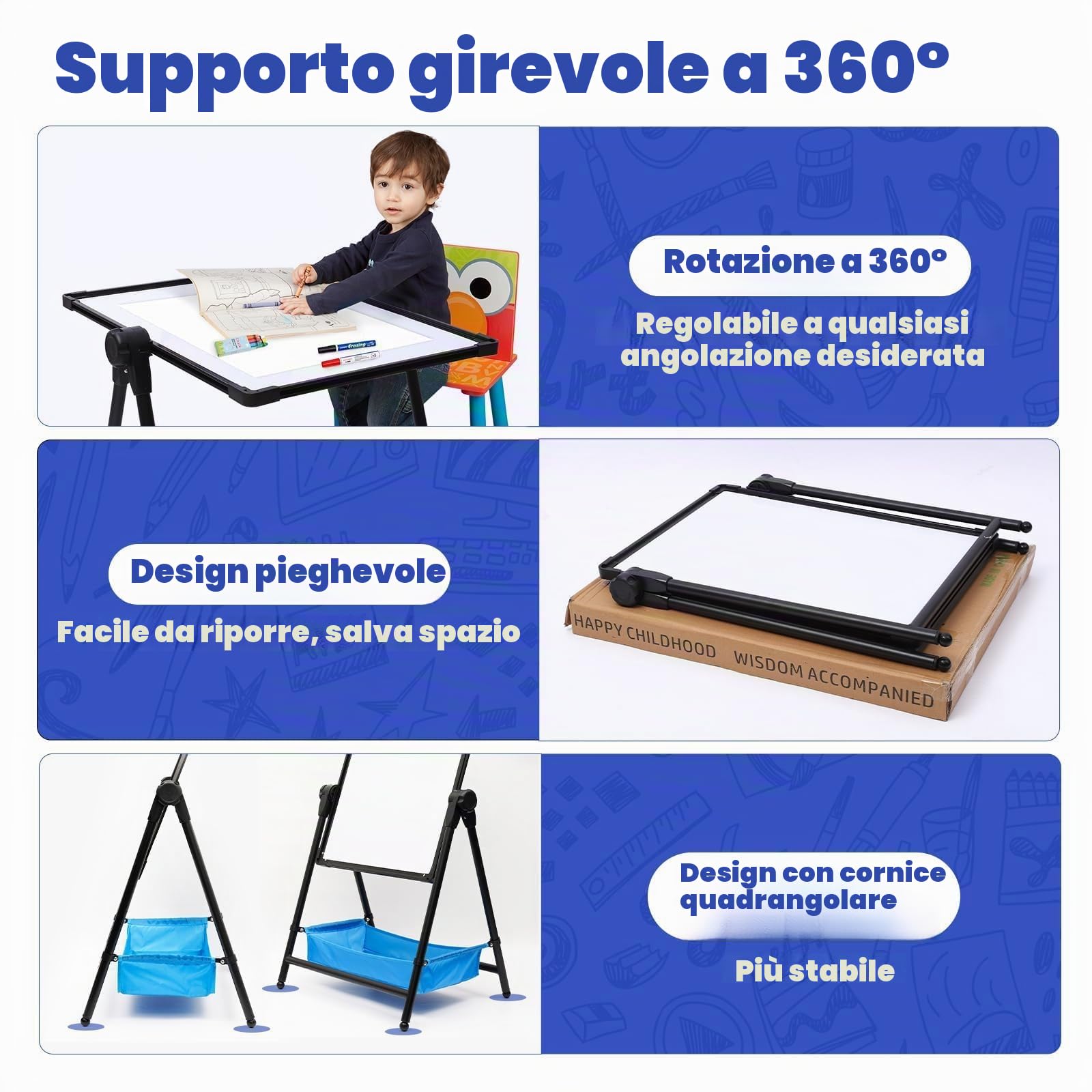 Lavagna per Bambini Cavalletto per Bambini Pieghevole Lavagna Bianca e Lavagna con Sacchetto di Stoccaggio, Regolabile in Altezza e Girevole a 360 ° (Nero)