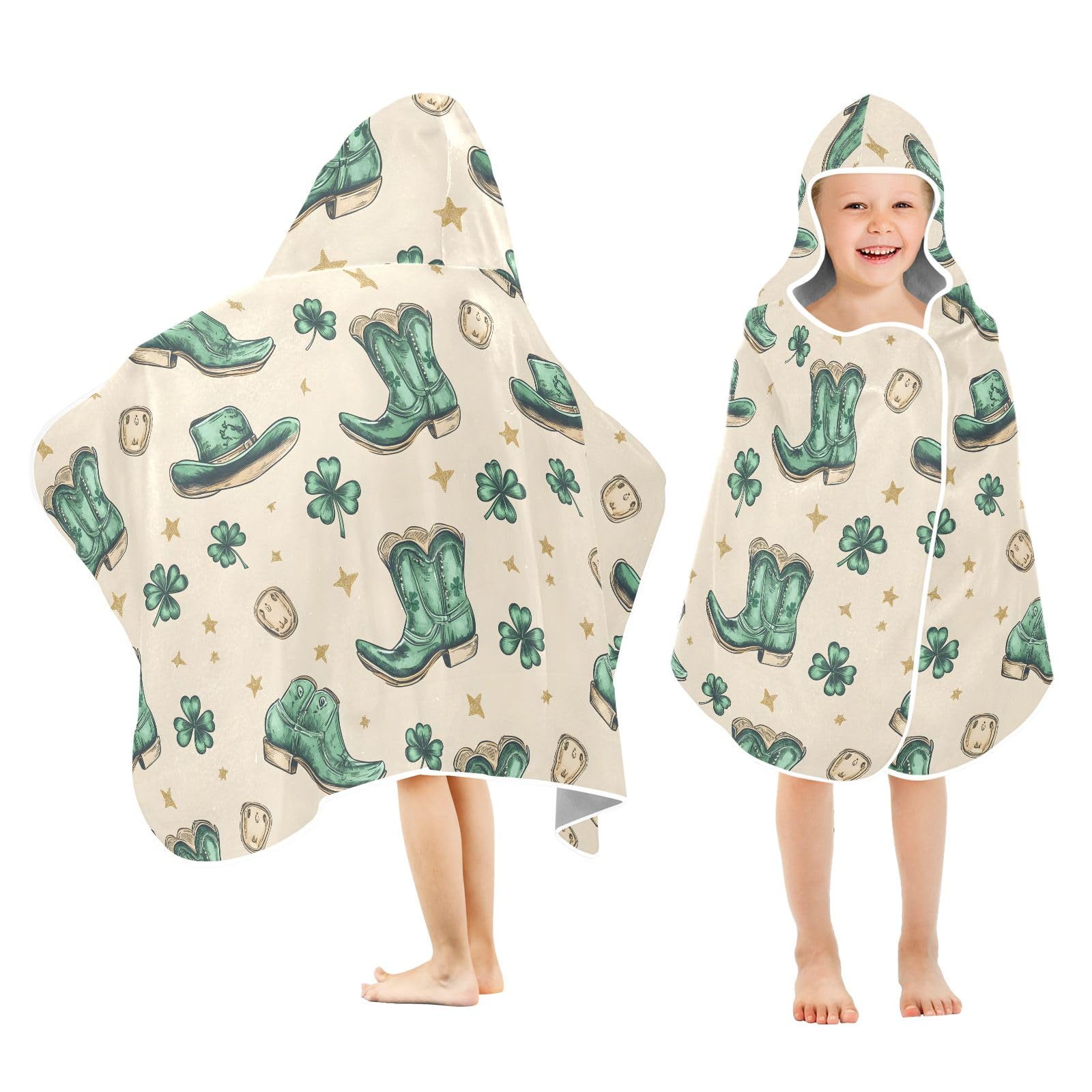 CHIFIGNO St. Patrick's Day Cowboy Boots Clover Kids Hooded Towels Absorbent Beach Towel for Kids Soft Beach Poncho Towels for Boys Girls