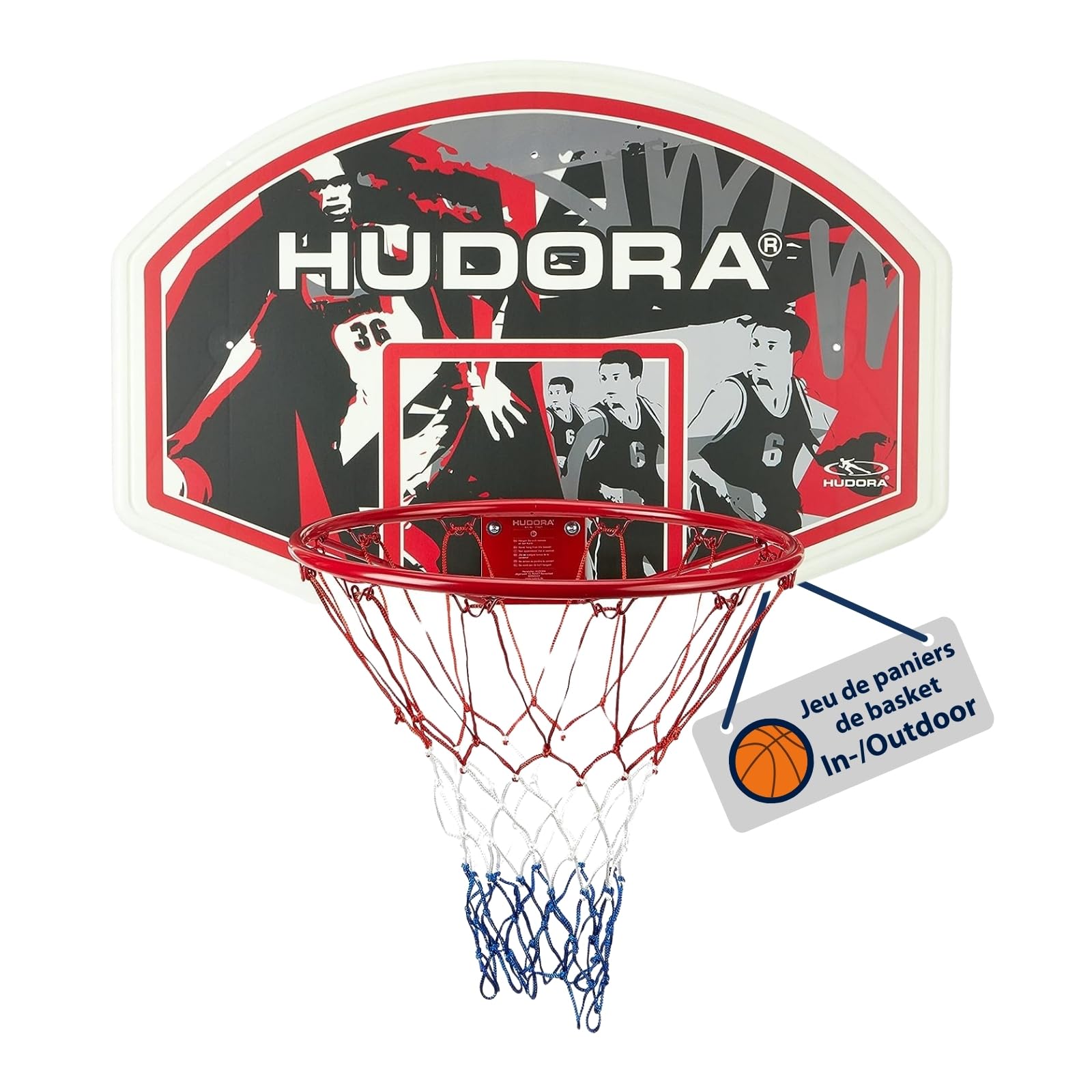 Hudora Kit de panier de basket pour l'intérieur et l'extérieur avec planche, panier de basket avec matériel de fixation murale, planche de basket-ball et panier pour adultes/adolescents et enfants