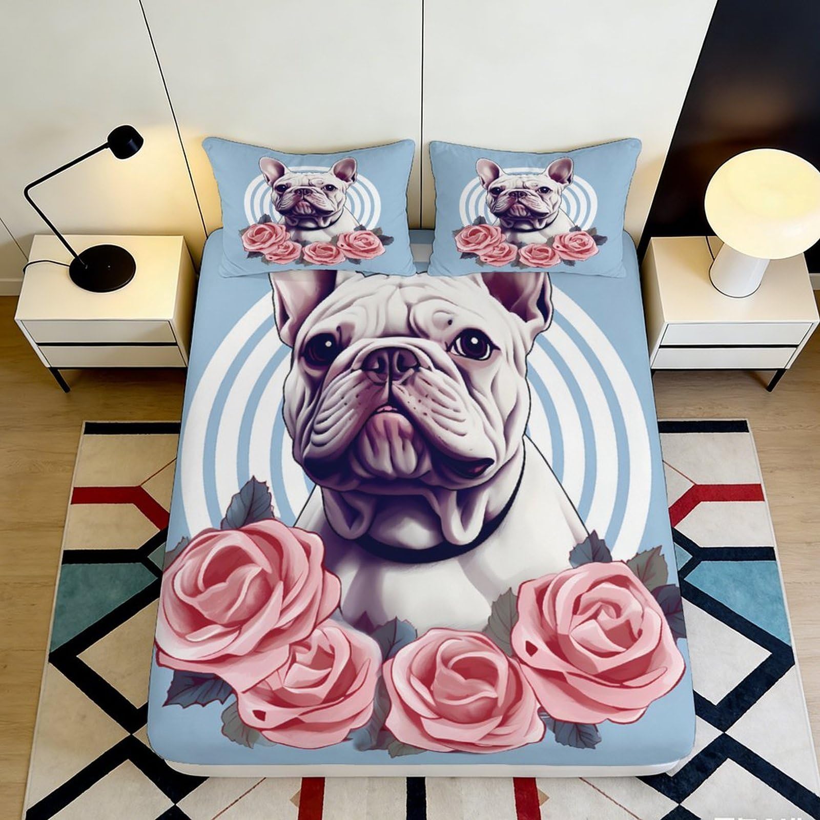 3D Printed French Bulldog Fitted Sheet Microfiber Pink Rose Bed Cover for Bedroom Guest Room Mattress Decor 90x200x25cm