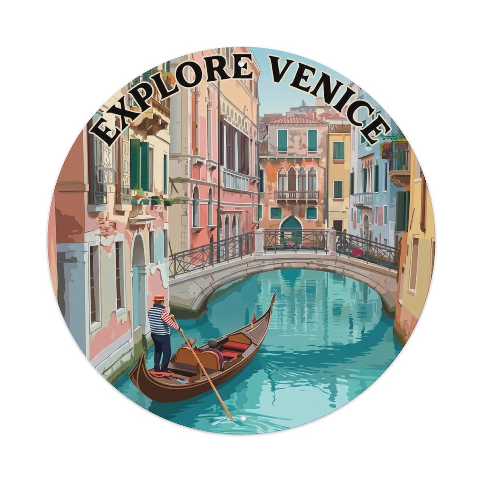 Venice Landmark Cityscape Vintage Italian Travel Destination Metal Tin Sign Plaque Wall Decor for Cafe, Man Cave, Club Bar, Office, Home Garden Round Metal Poster 8x8Inch