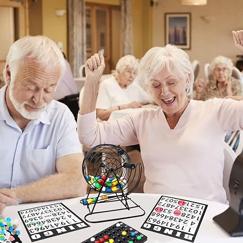 Miniatura 7 de GSE Games & Sports Expert Juego de bingo de lujo con jaula de acero, tablero maestro, 75 bolas, 300 fichas, 50 tarjetas de bingo para fiestas de