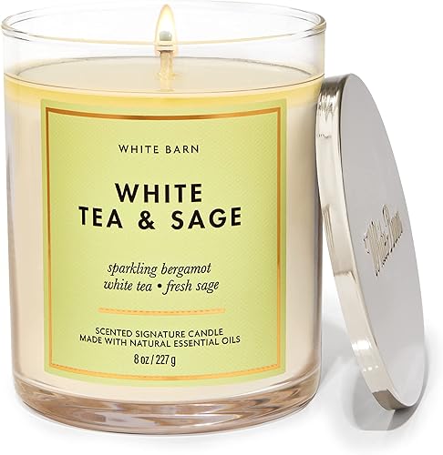 Bath & Body Works, White Barn - Vela de 1 mecha con aceites esenciales, 7 onzas, nuevos aromas centrales (té blanco y salvia)