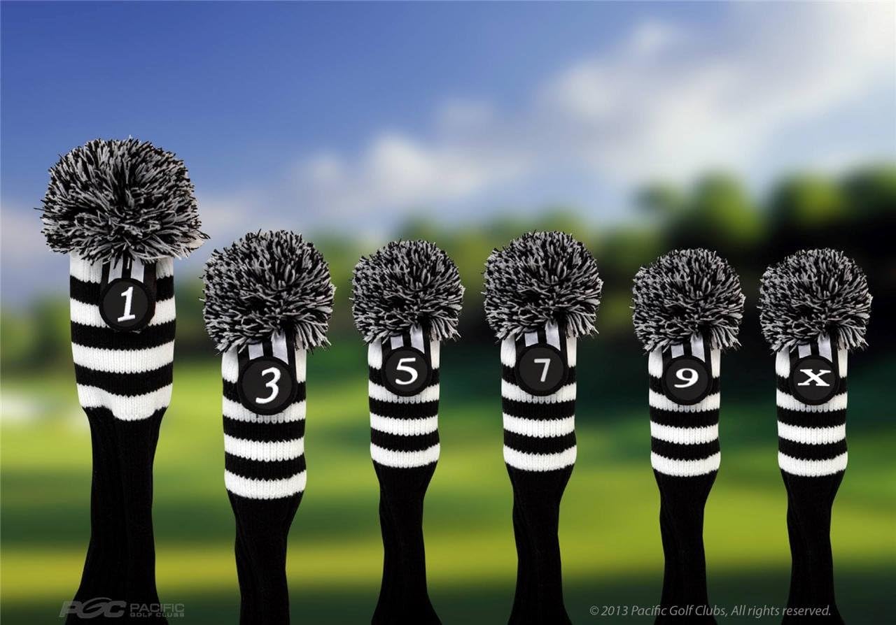 Pacific Golf Clubs Head Covers 1 3 5 7 9 X Black and White Knit Retro Old School Vintage Stripe Pom Pom Throwback Classic