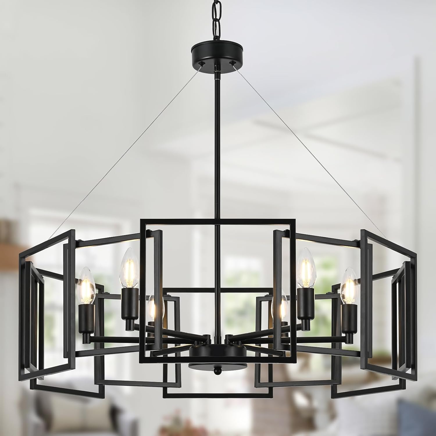Matte Black Farmhouse Chandelier 6 Light/E12/26.7 Inch,Large Modern Industrial Geometric Pendant Lighting Fixture for Living Room,Dining Room,Kitchen Island,Bedroom