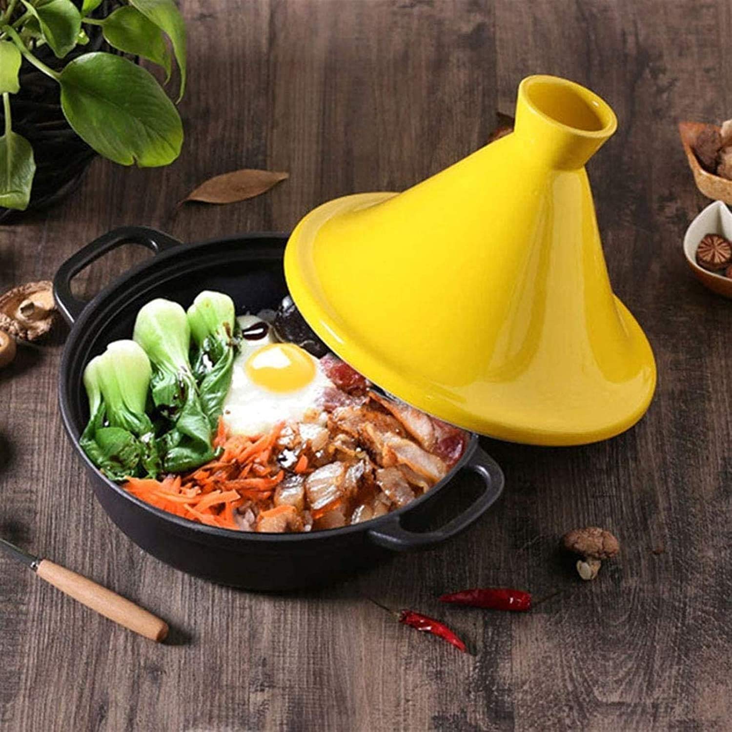 Casseruola Universale con Coperchio Casseruola in Ceramica con Base in ghisa e Coperchio a Imbuto in Terracotta Adatta a Tutti i Tipi di fornelli Pentola da Cucina