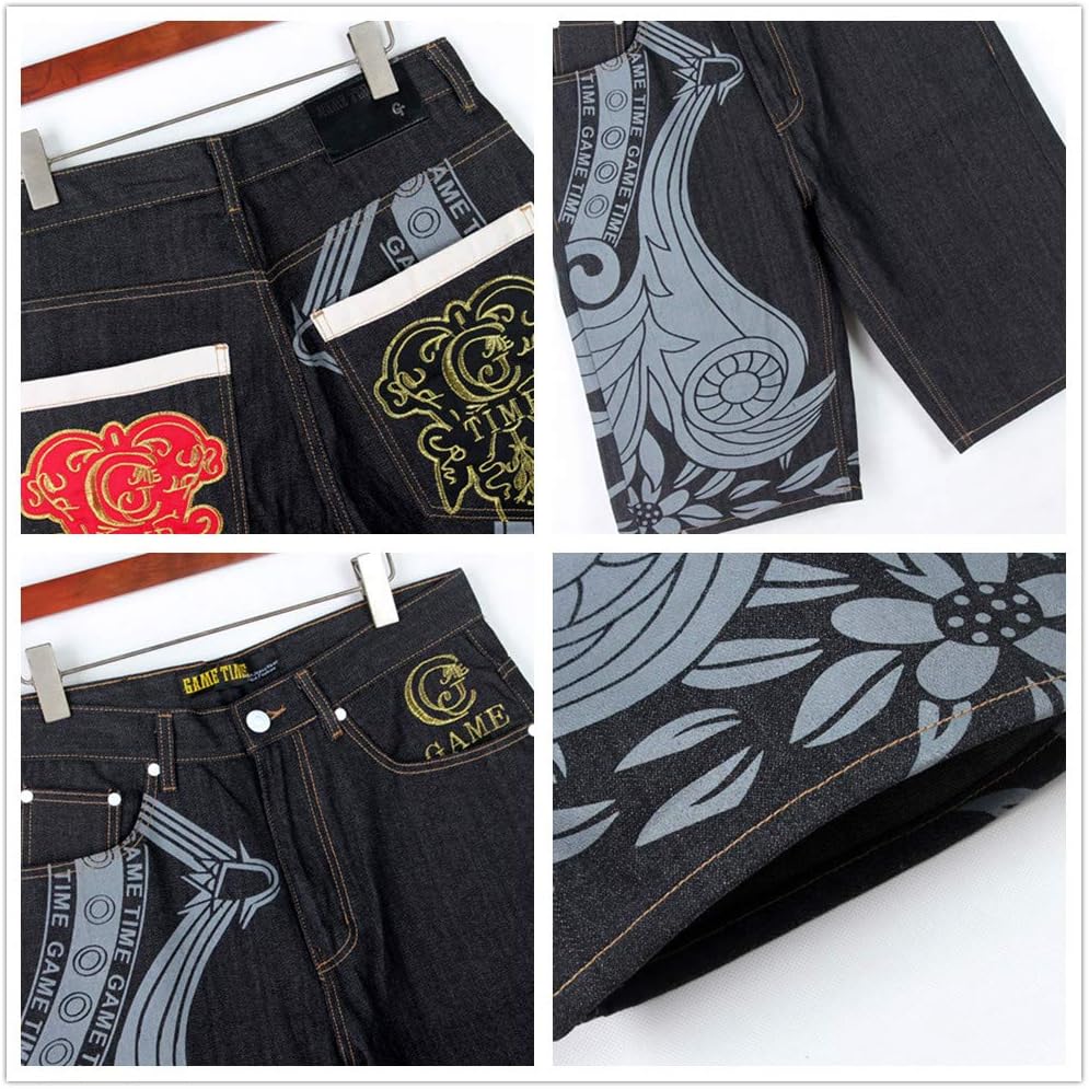 Cresay Men's Hip-hop Embroidery Loose Denim Shorts Baggy Jeans