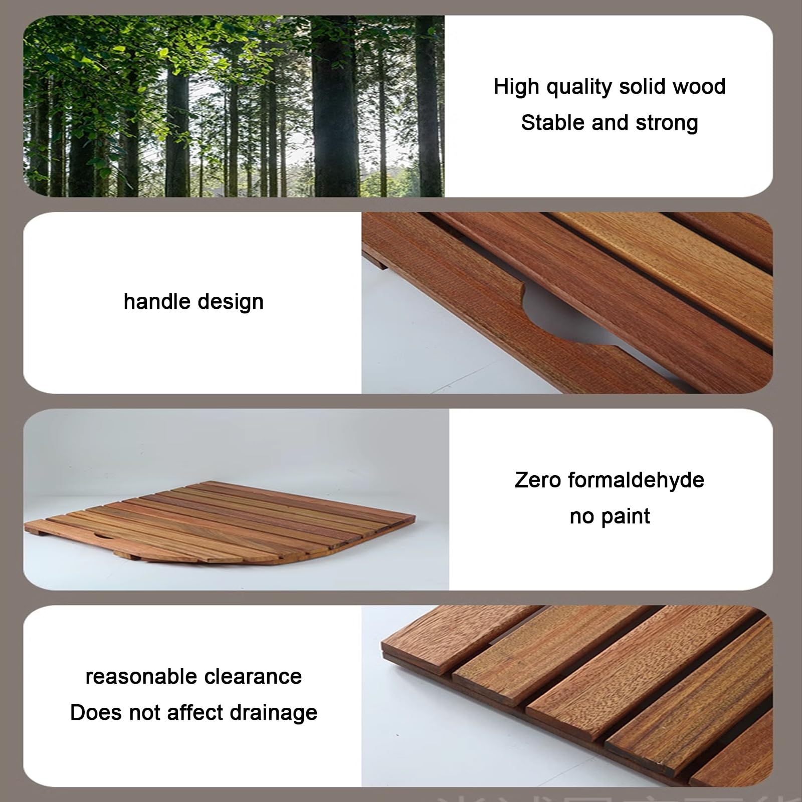 Schnell Trocknende Bambus Badematte,Rutschfeste Rechteckige Spa Holz Badvorleger Badematte,Wasserdichte Duschmatte,Robuste Holzbodenmatte,mit Matte und Griff,für Drinnen Draußen (45x45cm/18x18in)