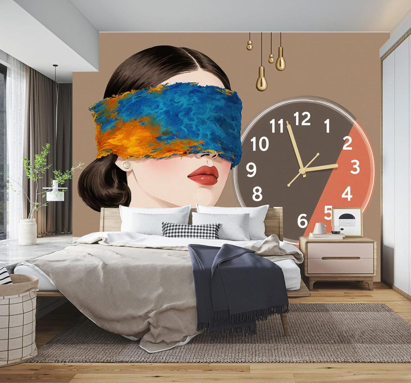 3D Papel Pintado Abstracto Mujer Con Un Antifaz De Colores Reloj Arte