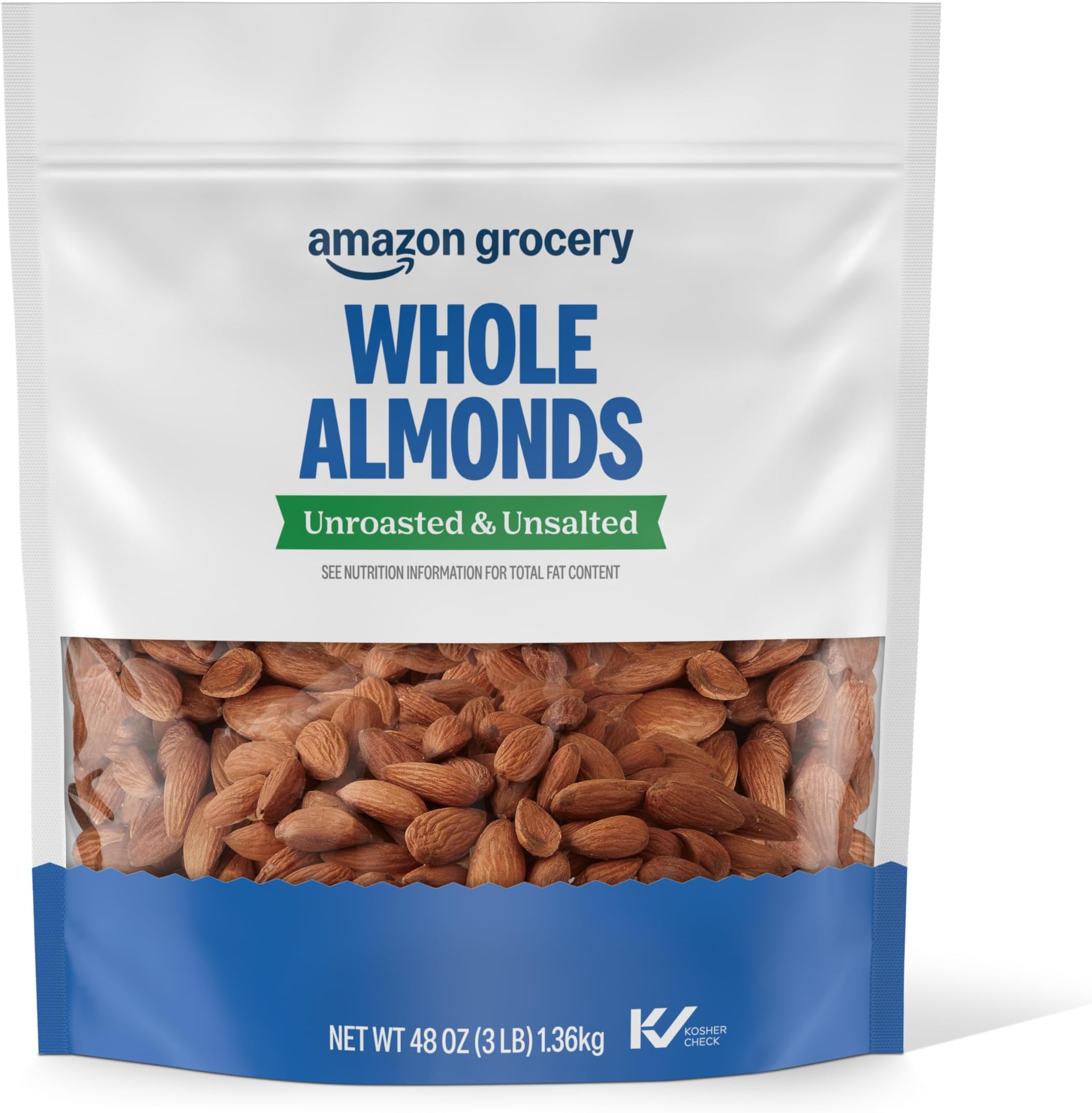 Amazon Grocery, Whole Almonds, Unroasted & Unsalted, 48 Oz (Previously Happy Belly, Packaging May Vary)