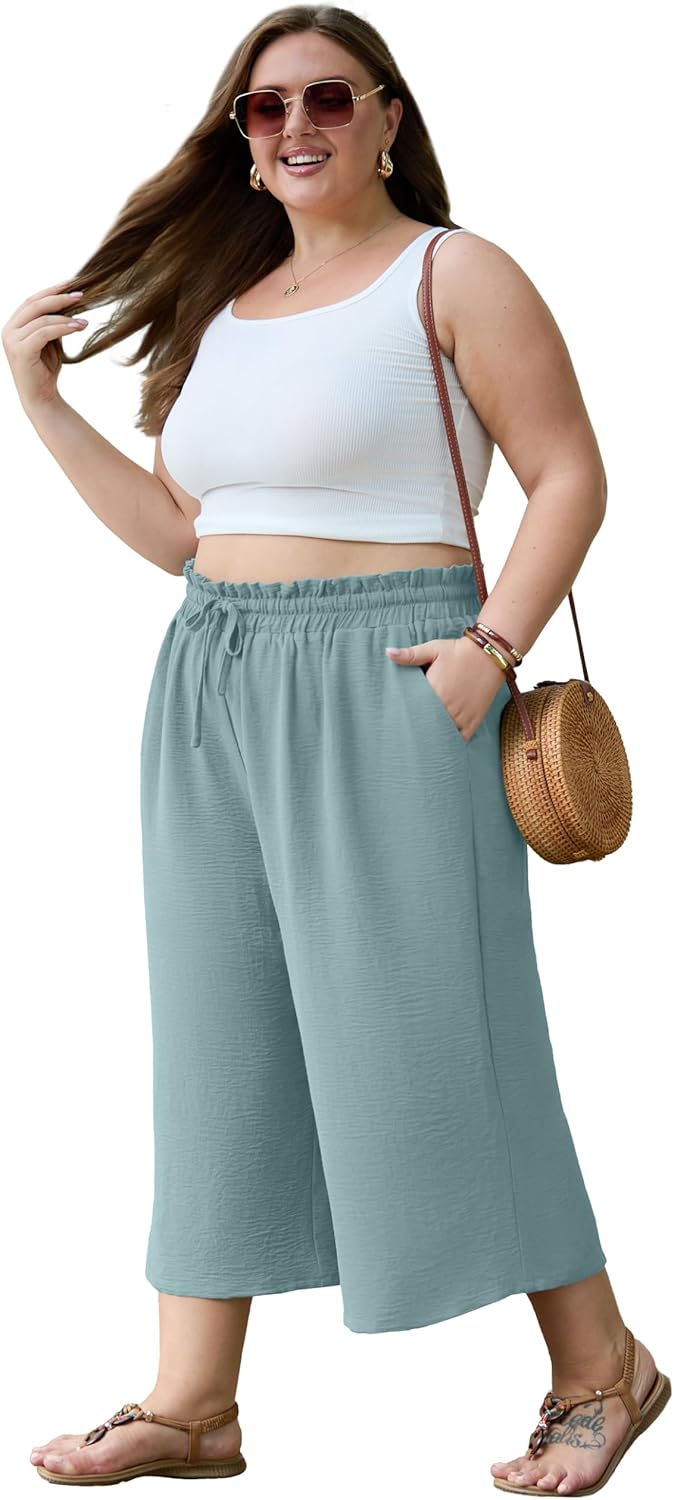 OLRIK Plus Size Capris for Women Summer Wide Leg Pants High Waist Drawstring Casual Capri Trousers with Pockets - Image 2