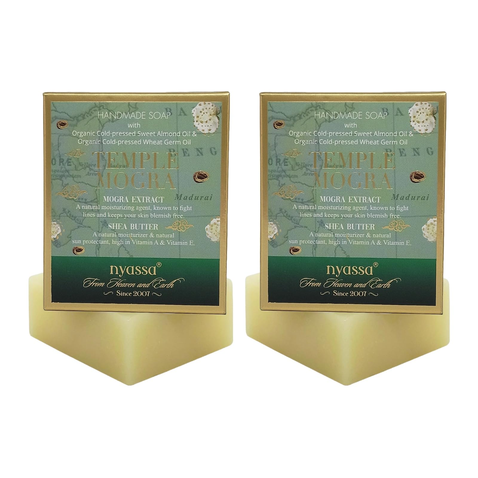 Temple Mogra Handmade Soap (Pack of 150 gm x 2) from India with natural ingredients like Mogra Extract and Shea Butter No Paraben, Against Animal Testing and Vegetarian