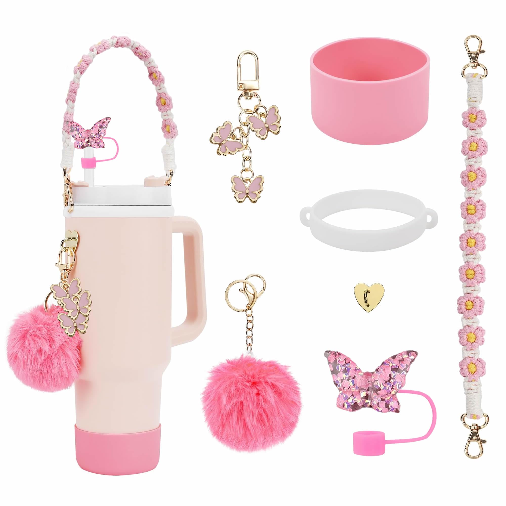 RNFVJH Accessories Set Including Water Bottle Handle Strap, Silicone Boot, Resin Butterfly Straw Cover, Straw Topper, Lip Balm Sleeve, Butterfly &
