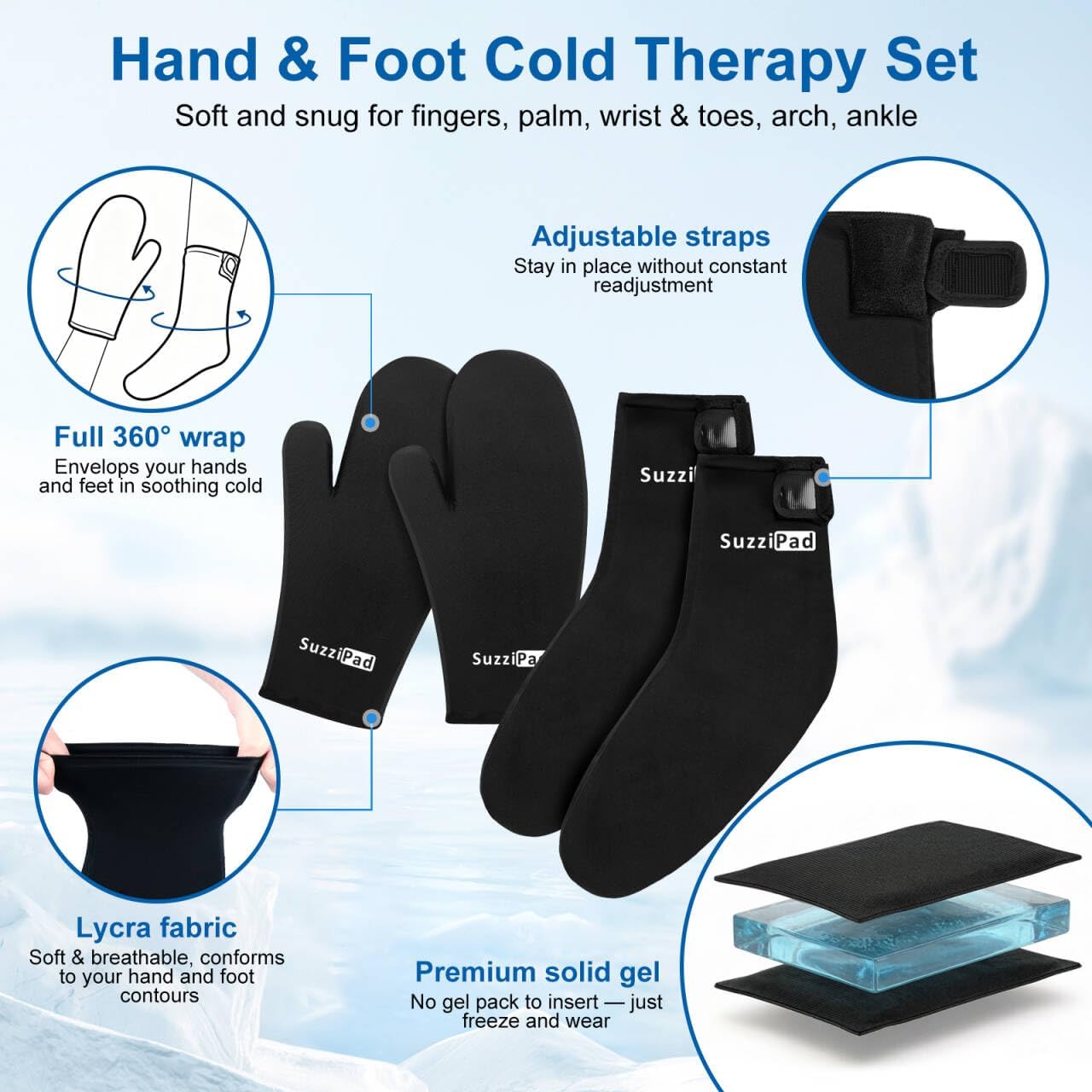SuzziPad Cold Therapy Socks & Gloves for Tired, Achy Hands and Feet, Swelling, Numbness & Burning Relief, Reusable Hand & Foot Ice Wrap Compression for Plantar Fasciitis, Arthritis, Chemo Relief, L