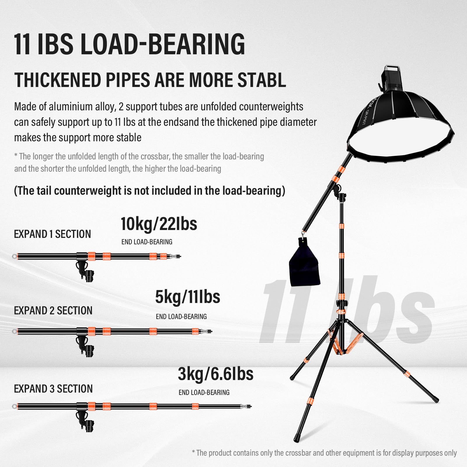 Soonpho Galgen Metall-Auslegerarm für Lampenstativarm Aluminium Ausziehbar von 59 bis 160cm 3-Teilig Teleskopisch 5kg Tragkraft mit Sanbags Verlängerungsarm für Fotografie (Orange)