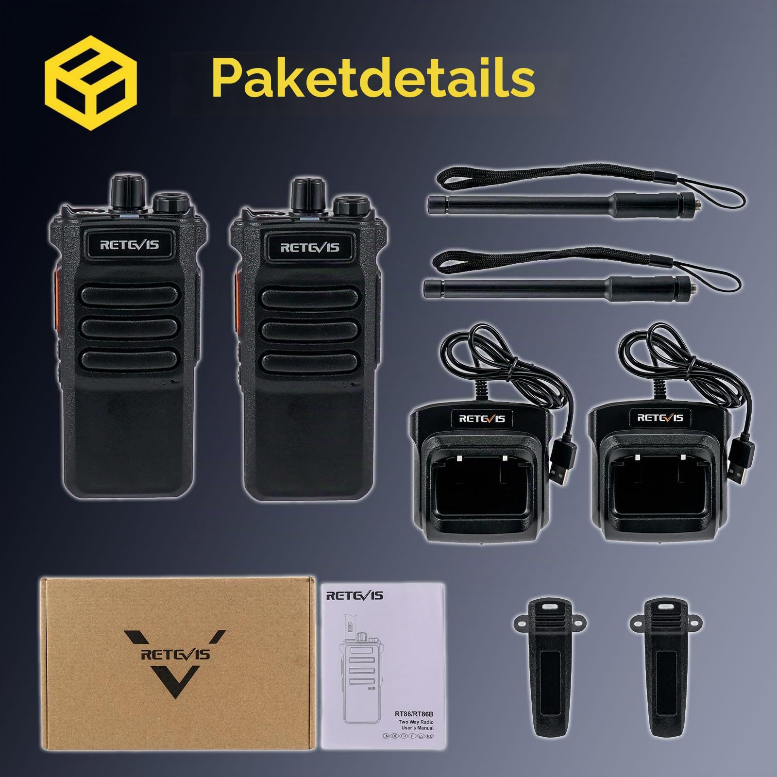 Retevis RT86 Profi Funkgerät Große Reichweite, Walkie Talkie mit Display | Wiederaufladbares Hochleistungs Handfunkgerät mit 2600mAh Akku, Robust & Notfallalarm, für Lagerwirtschaft, Schwarz, 2 Stück
