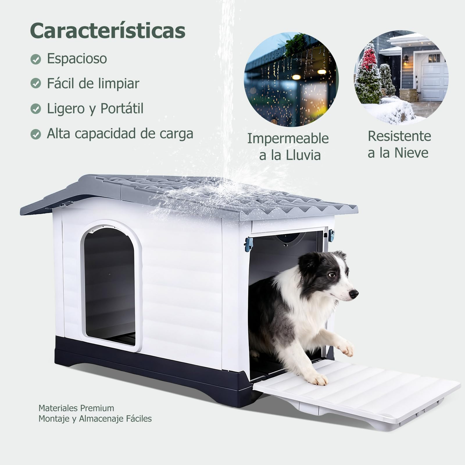 PETCUTE Caseta para Perros,Casa de Plástico para Perros con Techo Inclinado, Lado de Apertura, Fondo de Drenaje, Base Aislante, Refugio para Mascotas,Uso Interior y Exterior,Gris