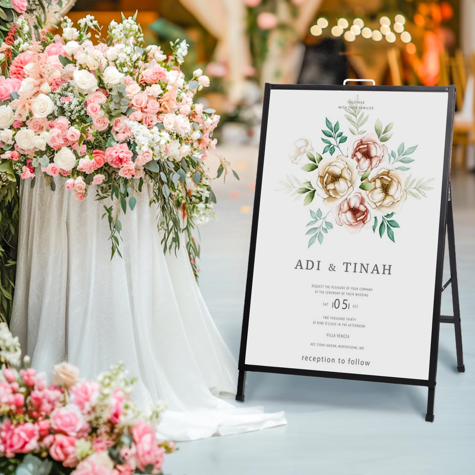Letrero de pavimento con asa de transporte, 60 x 90 cm, tablero sándwich de acero recubierto de negro, letrero de acera al aire libre para restaurante, cafetería, boda, fiesta