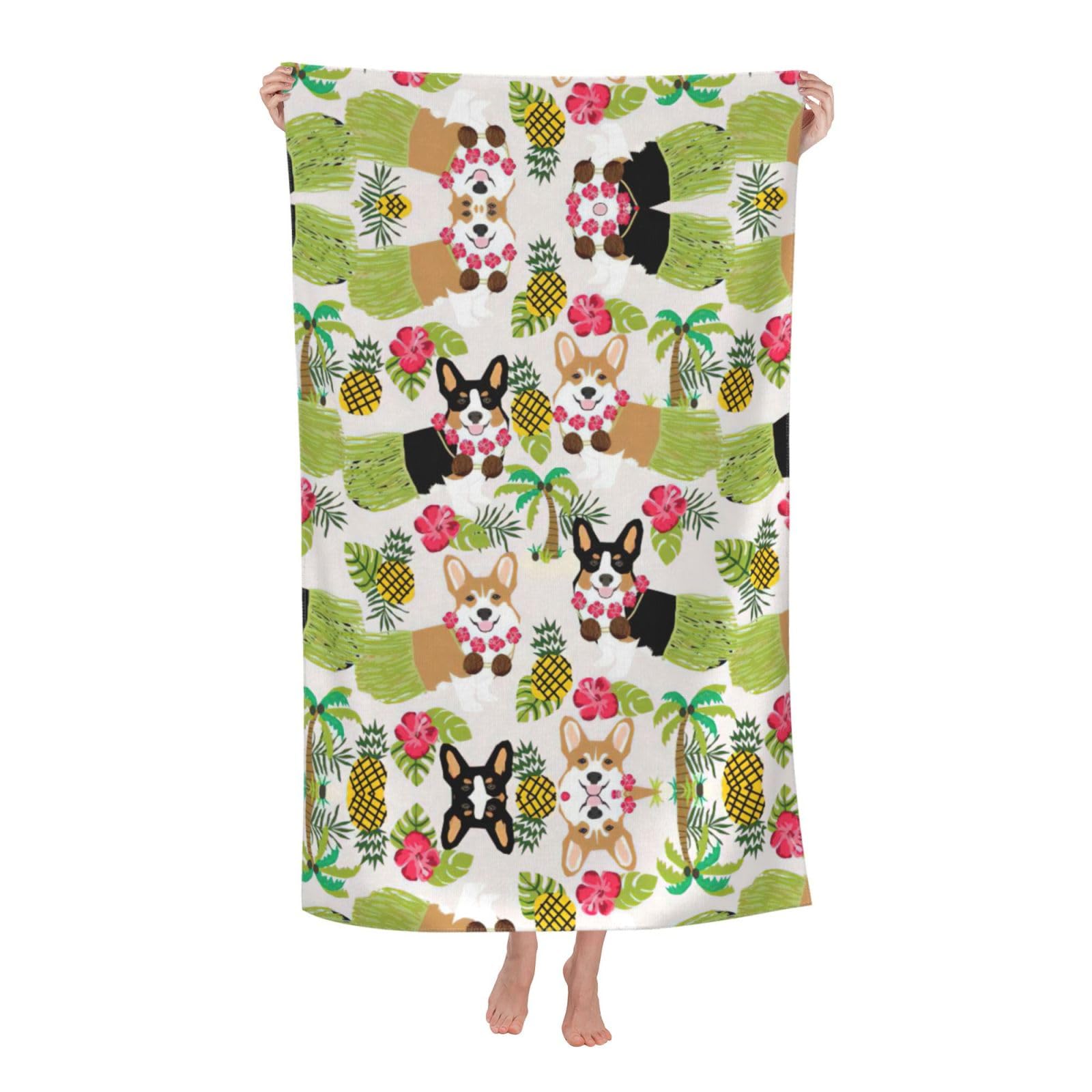 Oazcvbnn Women's White Corgi Hawaiian Tropical Summer Pineapple Print Adult Beach Towel Summer Travel Pool Vacation Swimming Fitness Outdoor Adventures
