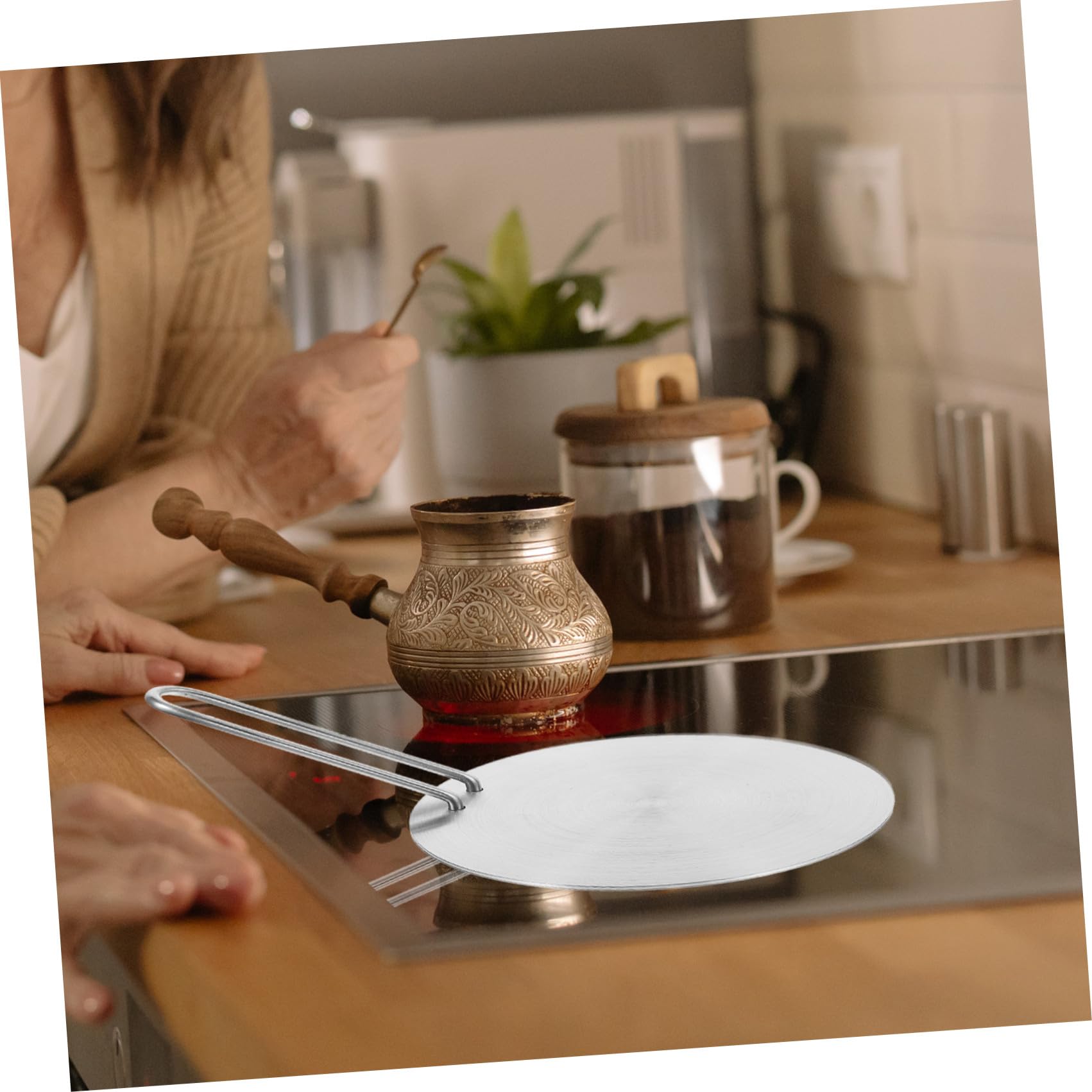 Housoutil Difusor de Calor para Placa de Inducción de Cocina, Adaptador Multifuncional de Acero Inoxidable de 18 CM Mango Extraíble, Adecuado para Sartenes y Cafeteras en Cocinas Eléctricas