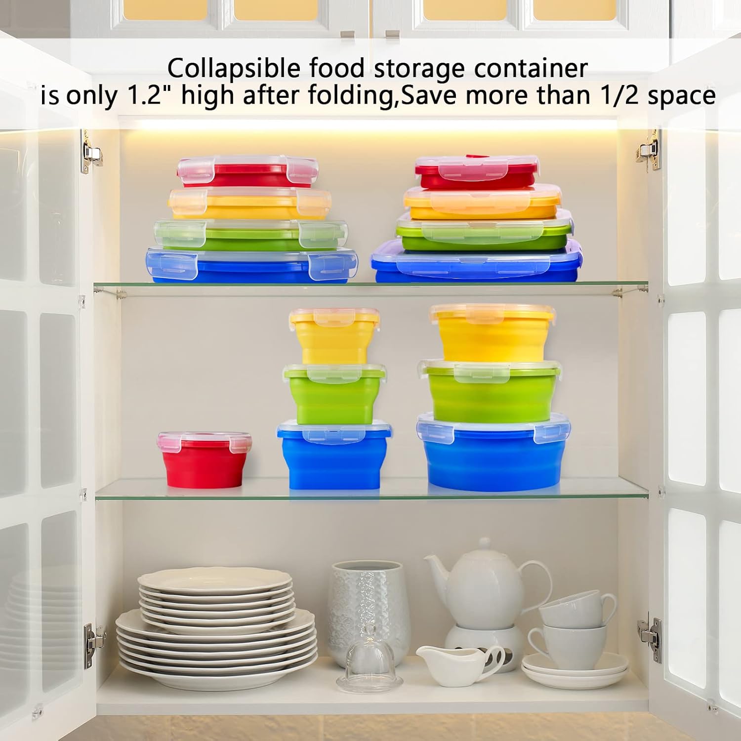 Zopeal 8 Pcs Collapsible Food Storage Containers Foldable Silicone Lunch Containers with Lids 4 Silicone Rectangle Collapsible Bowls and 4 Round Food Bowls Microwave Freezer Dishwasher Safe (Colorful)