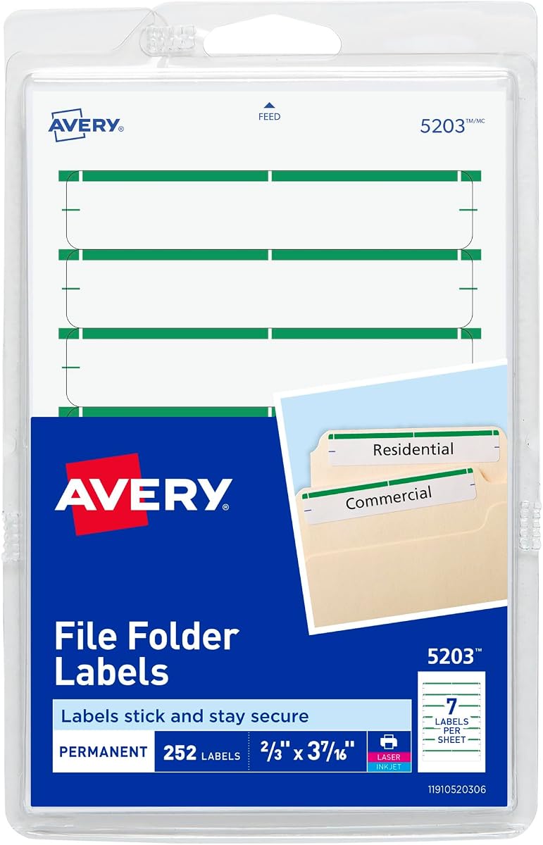 Avery Etiquetas para carpetas de archivos en hojas de 4" x 6", fáciles de despegar, blanco/verde, imprimir o escribir, 2/3" x 3-7/16", 252 etiquetas (5203)