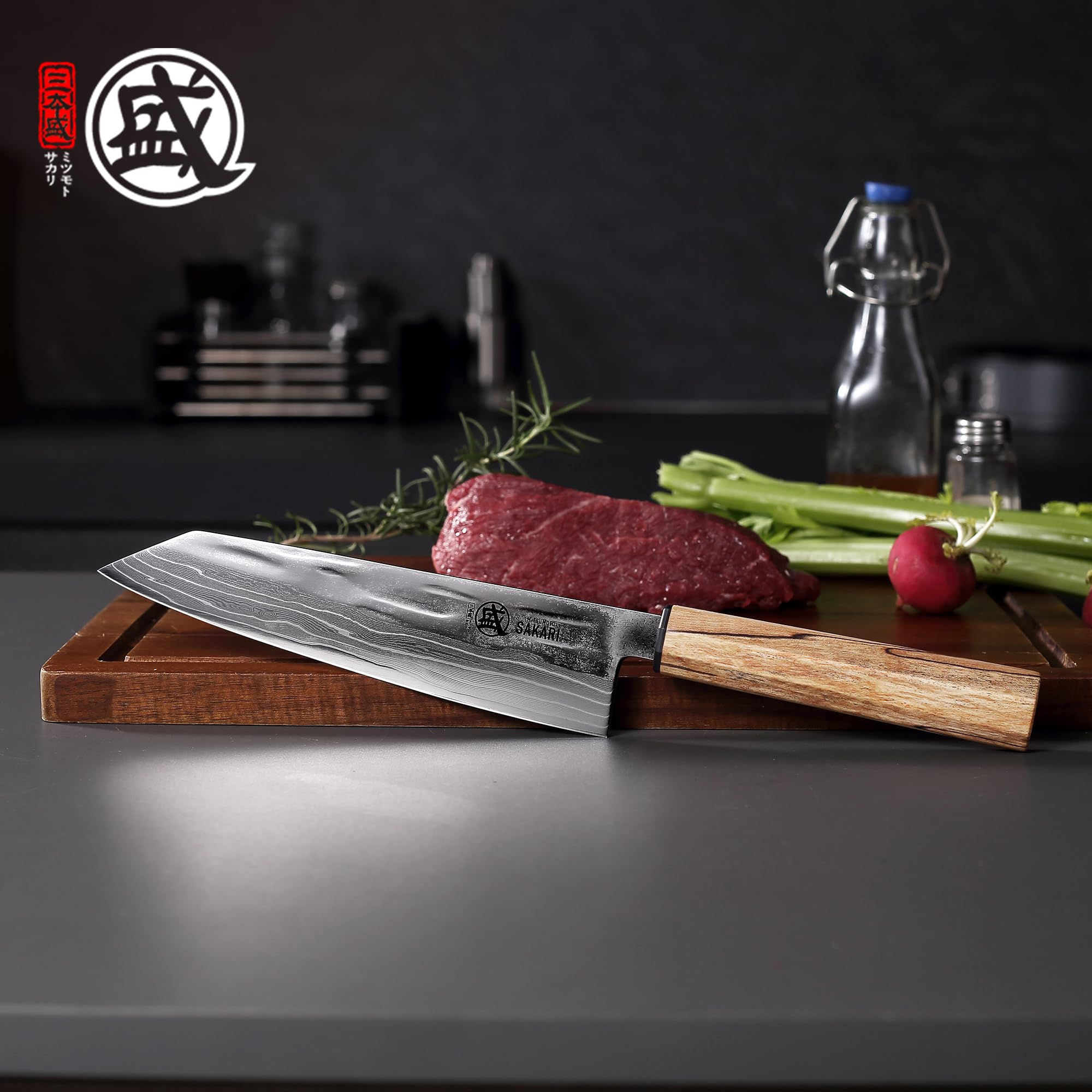 MITSUMOTO SAKARI 20 cm Kiritsuke Coltello da Cucina, 129 Strati di Acciaio in Polvere CPM S35VN Damasco, Coltello da Cucina Giapponese Artigianale, con Impugnatura in Acero