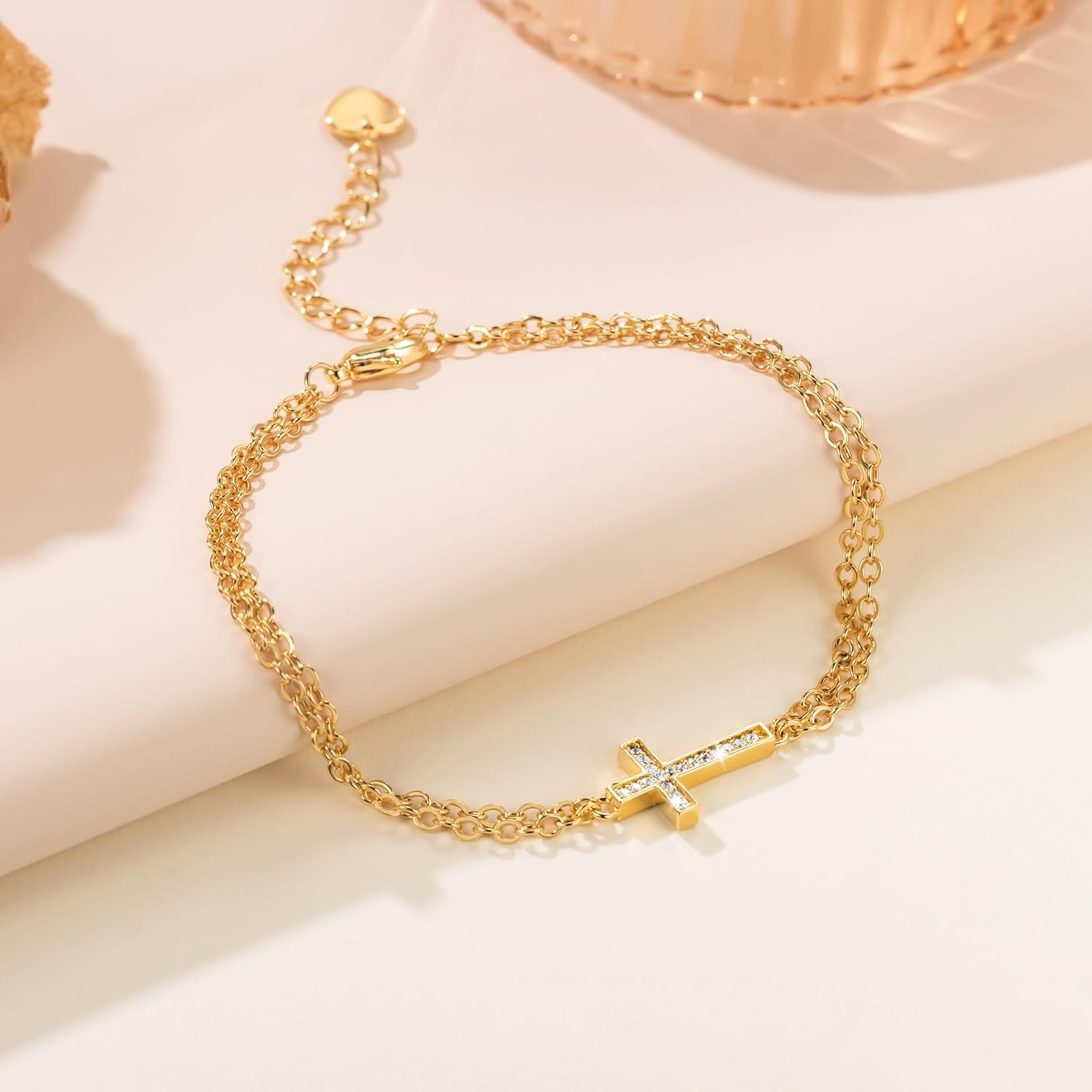 Gold Bracelets For Women 14K Gold Bracelet For Women Layered Bracelet For Womens Elegant And Shiny with Cubic Zirconia Cross Bracelets For Womens Adjustable Size 7in-8.6in