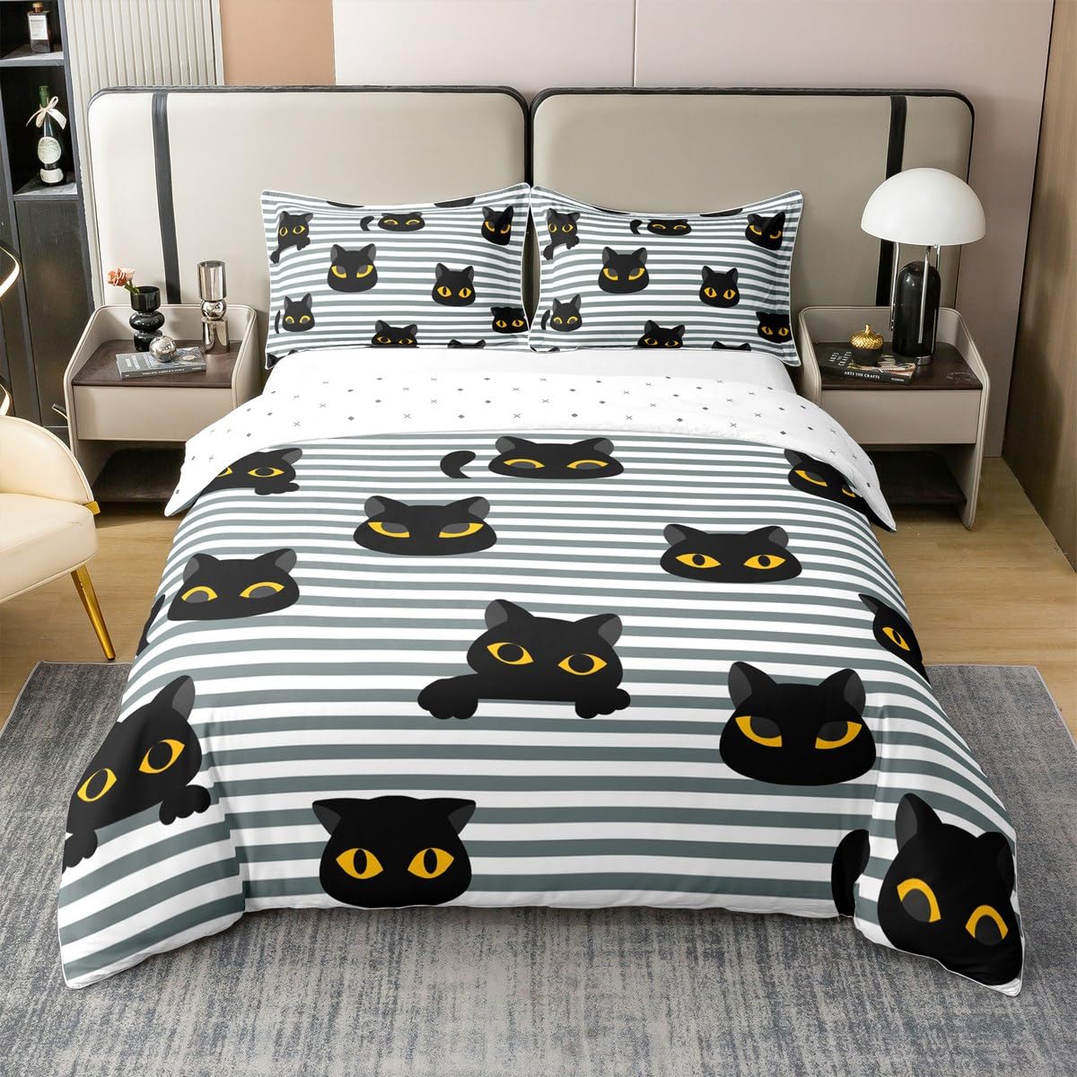 Loussiesd Kawaii Kätzchen Baumwolle Bettwäsche 135x200cm Cartoon Katze Betten Nette Linie Schöness Tier Bettbezug Colorfu Muster Weich Bettwäsche-Set Atmungsaktiv mit Reißverschluss