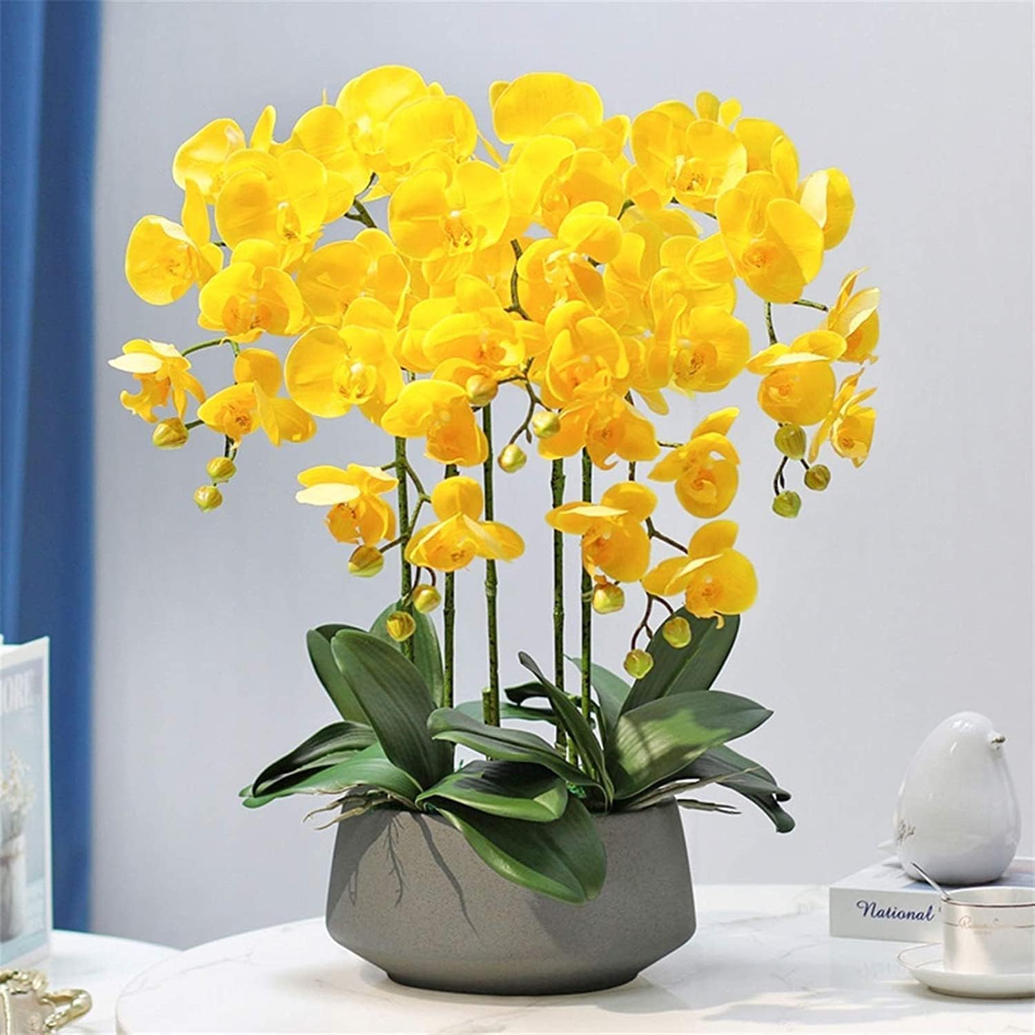 Orquídea Artificial Flores Phalaenopsis Artificiales de 60 cm con Jarrón de Cerámica Decoración Elegante de Orquídeas Falsas en Maceta Flor Artificial, Rosa Roja