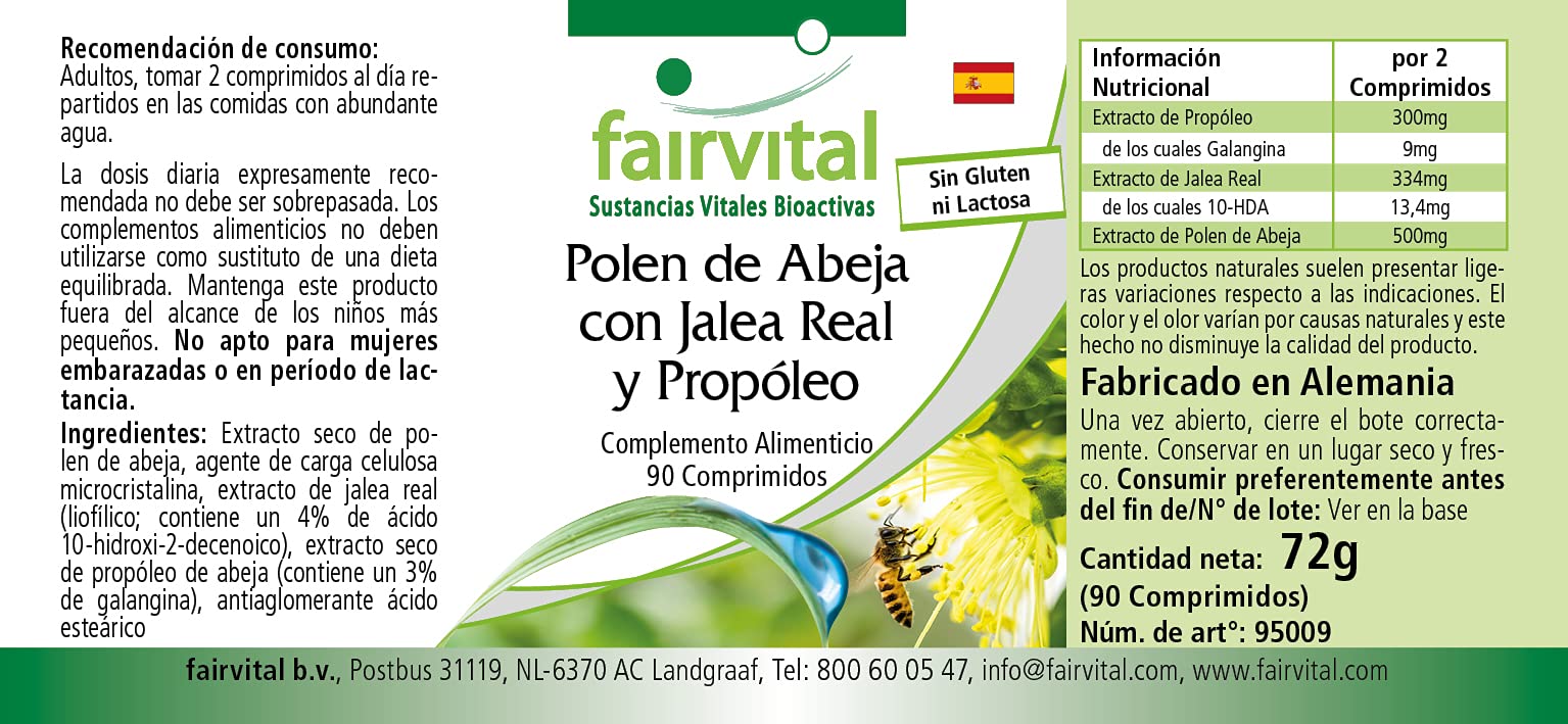 fairvital Pollen d'api con pappa reale e propoli, 90 compresse, ALTO DOSAGGIO