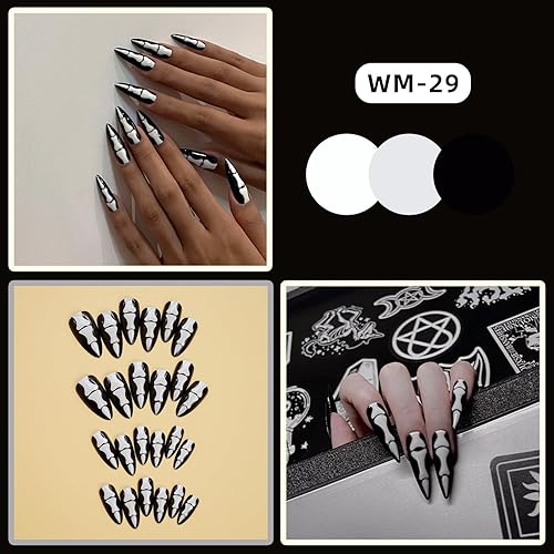 Miniatura 2 de Uñas postizas a presión para Halloween, con forma de hueso gótico, de terror, de cobertura completa, color blanco y negro, acrílico, para fiestas,
