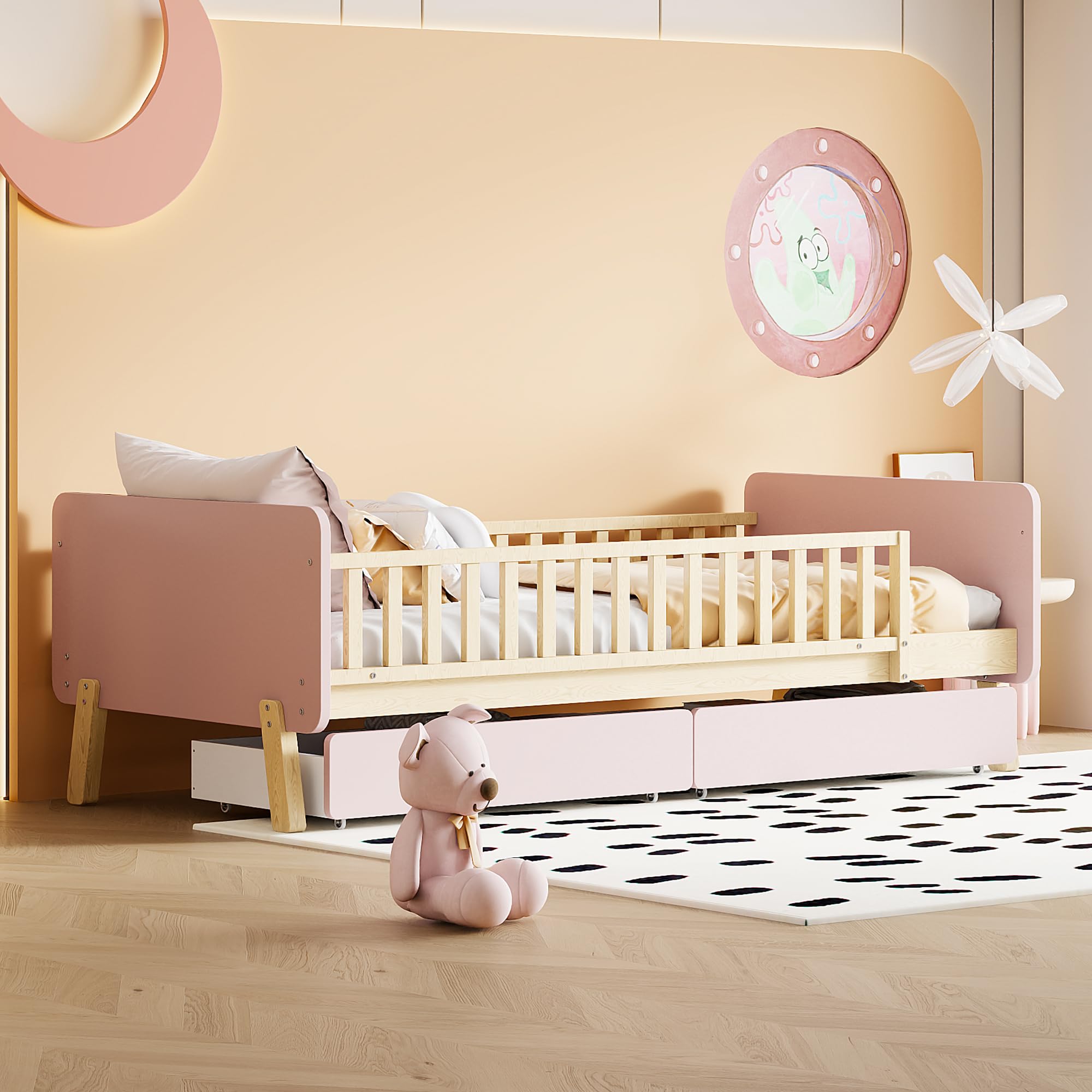 TIZZ Lettino per bambini 90 x 190 cm, con 2 cassetti, letto singolo in legno massello con rete a doghe, rosa