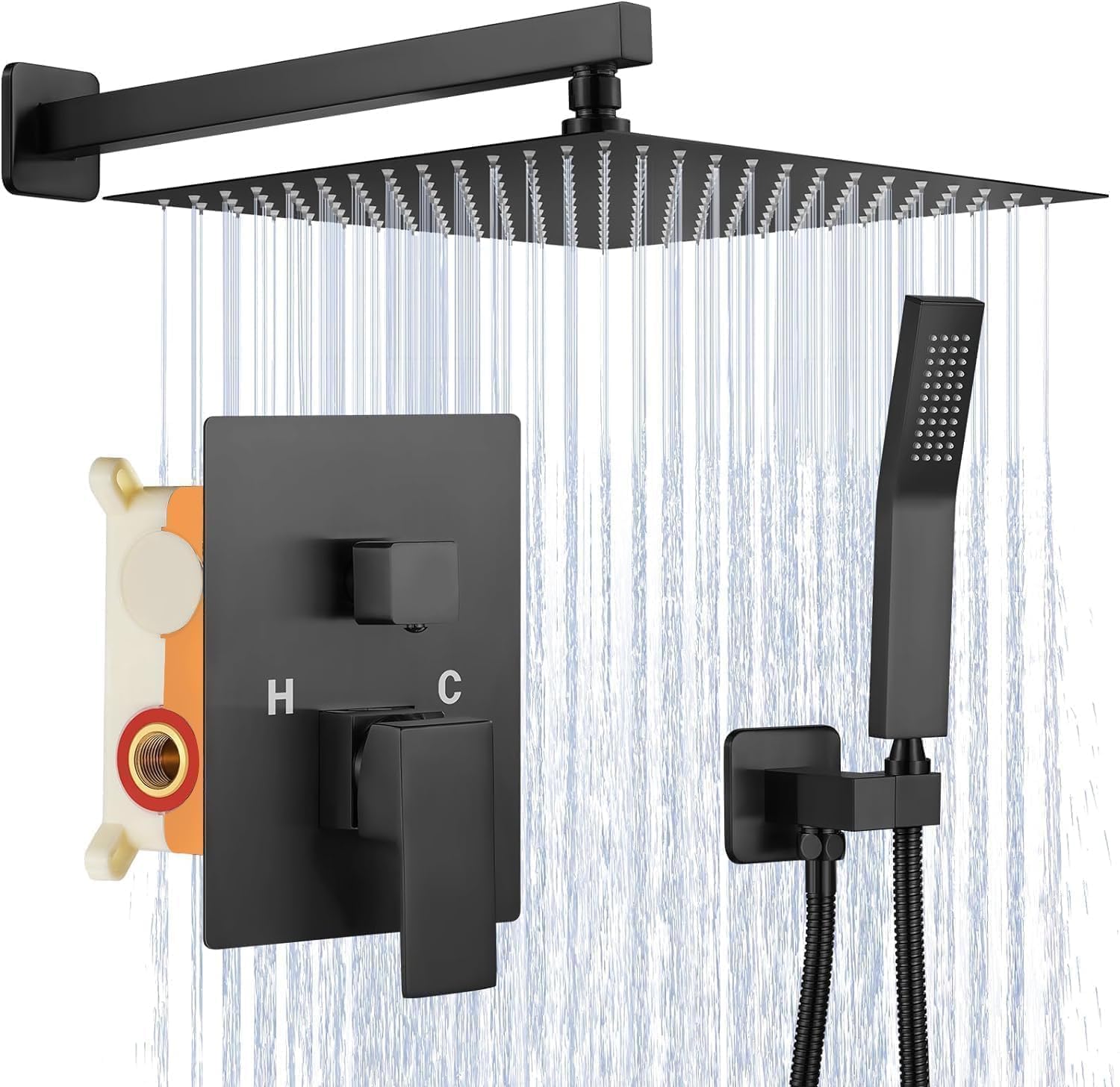 Grifo Ducha Negra Empotrada, Acero Inoxidable 304, 10 Pulgadas | 360° Duchas de Bano, Rociador Efecto Lluvia, Ajuste de Agua Fría y Caliente, Conjunto Grifo Duchas de Alta Presión
