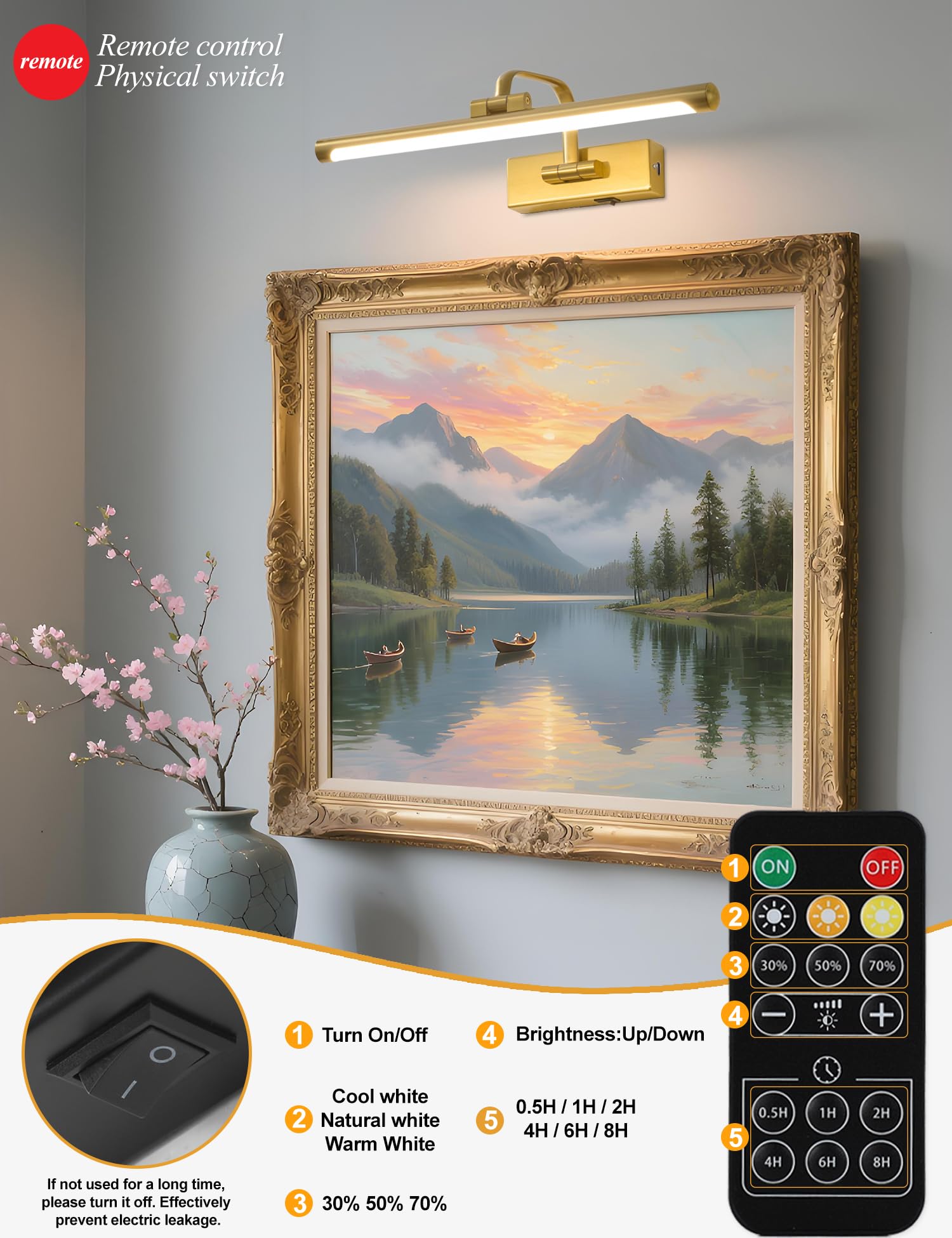 Kabellose Bilderleuchte für Wand, wiederaufladbares Licht für Bilder mit Fernbedienung & Timer, 40,6 cm dimmbares Goldkunstlicht für Gemälde, batteriebetriebene LED-Wandleuchte mit 3CCT für