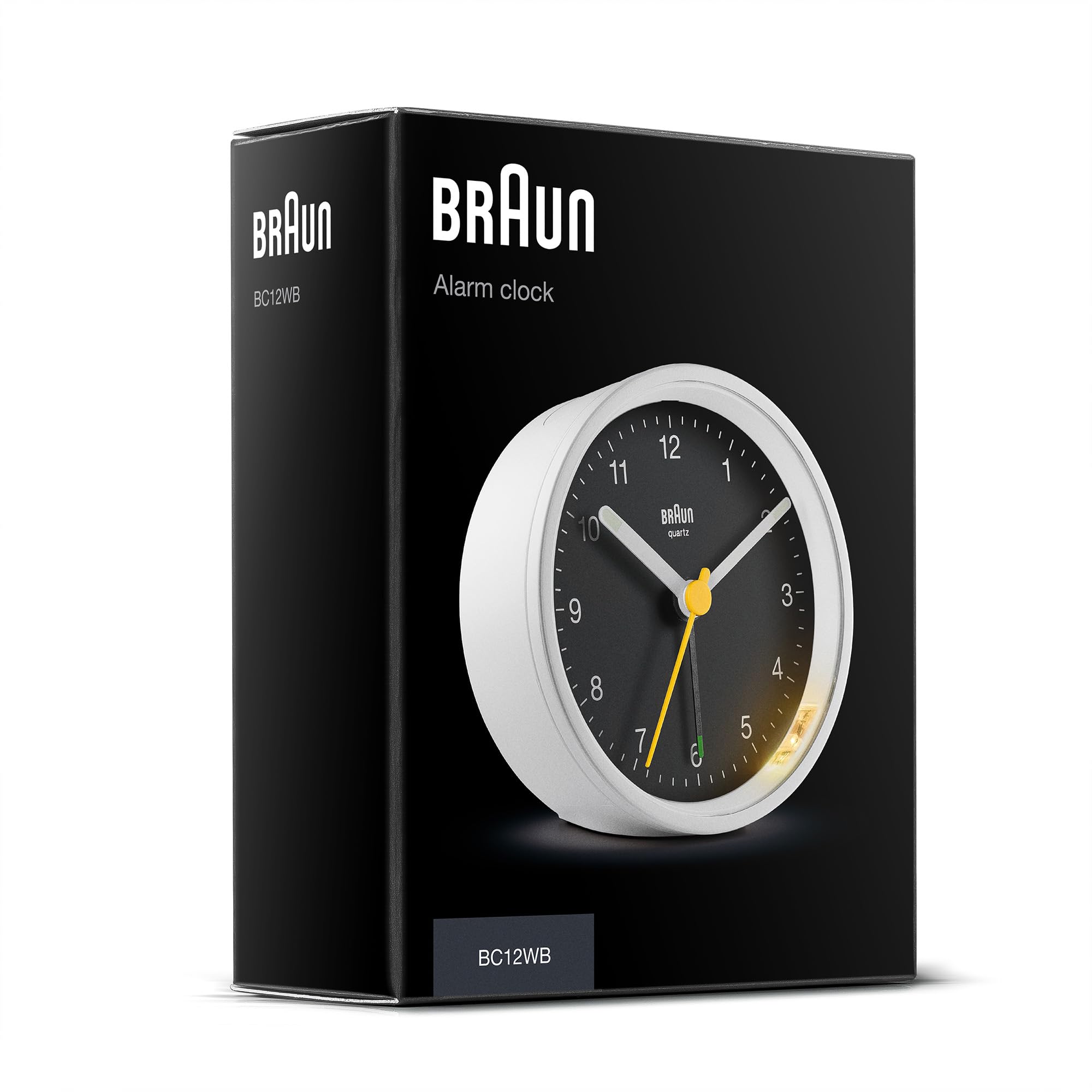 Braun Klassischer analoger Wecker Schlummerfunktion und Licht, ruhiges Quarzuhrwerk, Crescendo-Alarm in Weiß und Schwarz, Modell BC12WB.