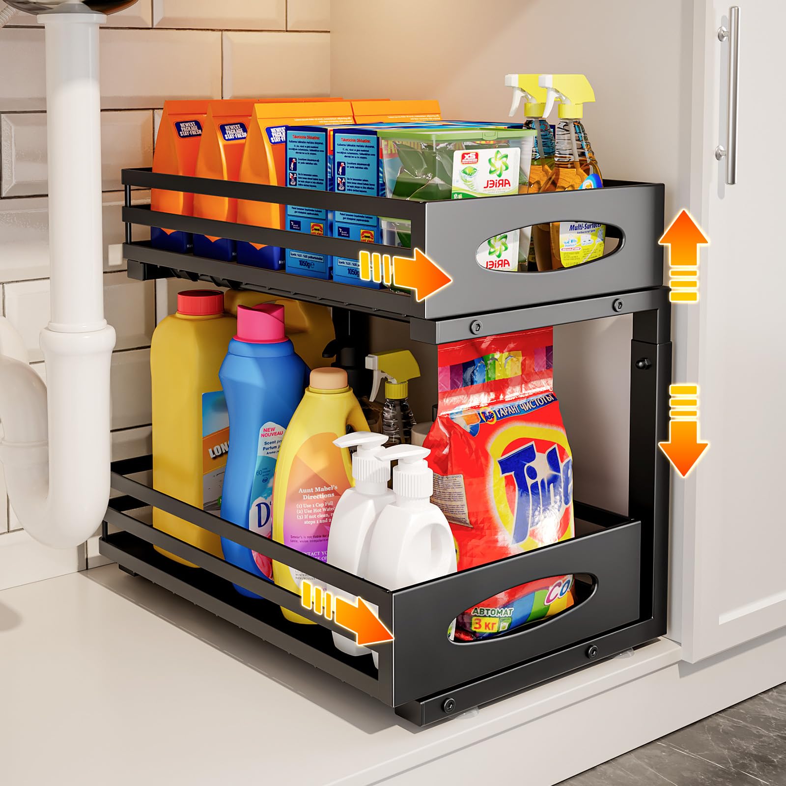 Photo 1 of Under Sink Organizer, 2 Tier Under Sink Organizers and Storage, Adjustable Height, Slide out Metal Cabinet Organizers, Pull out Cabinet Storage Drawer Shelf for Kitchen Bathroom (Black, 1 Pack)