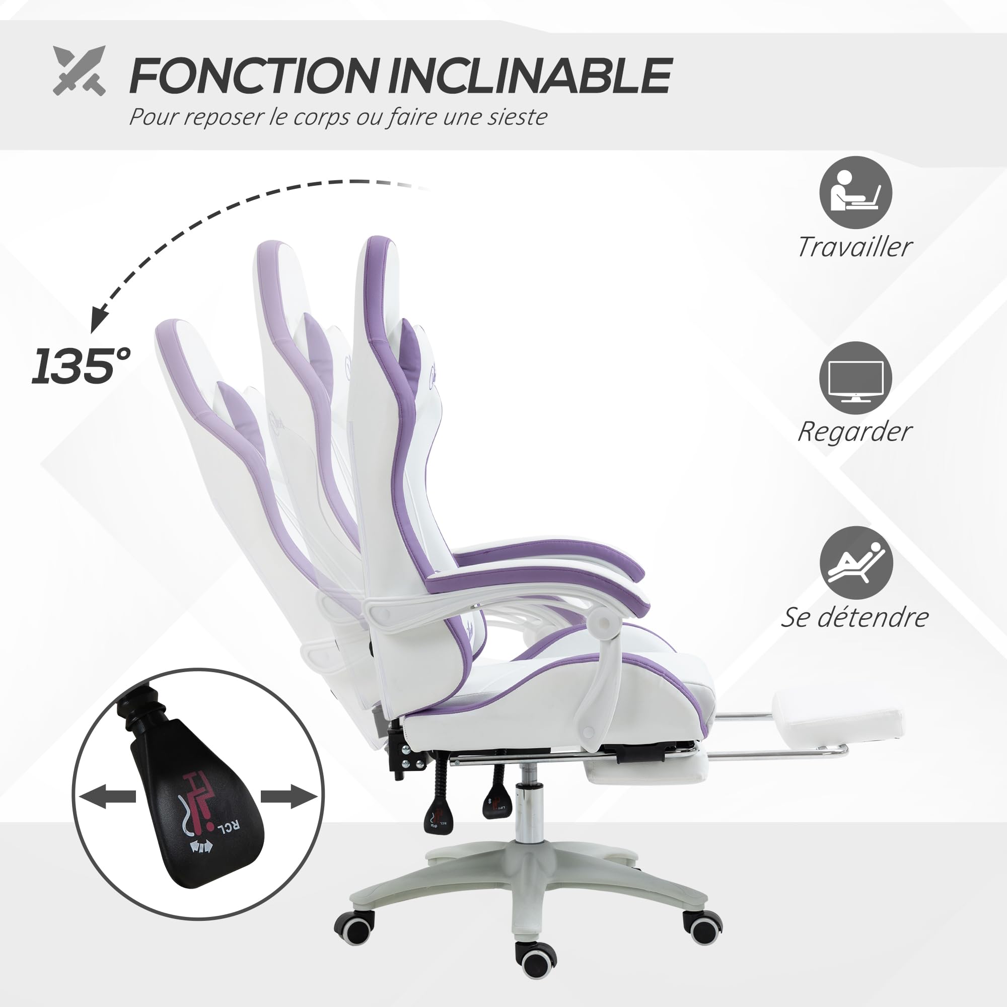 Vinsetto Chaise Gaming Ergonomique Repose-Pieds Télescopique Blanc