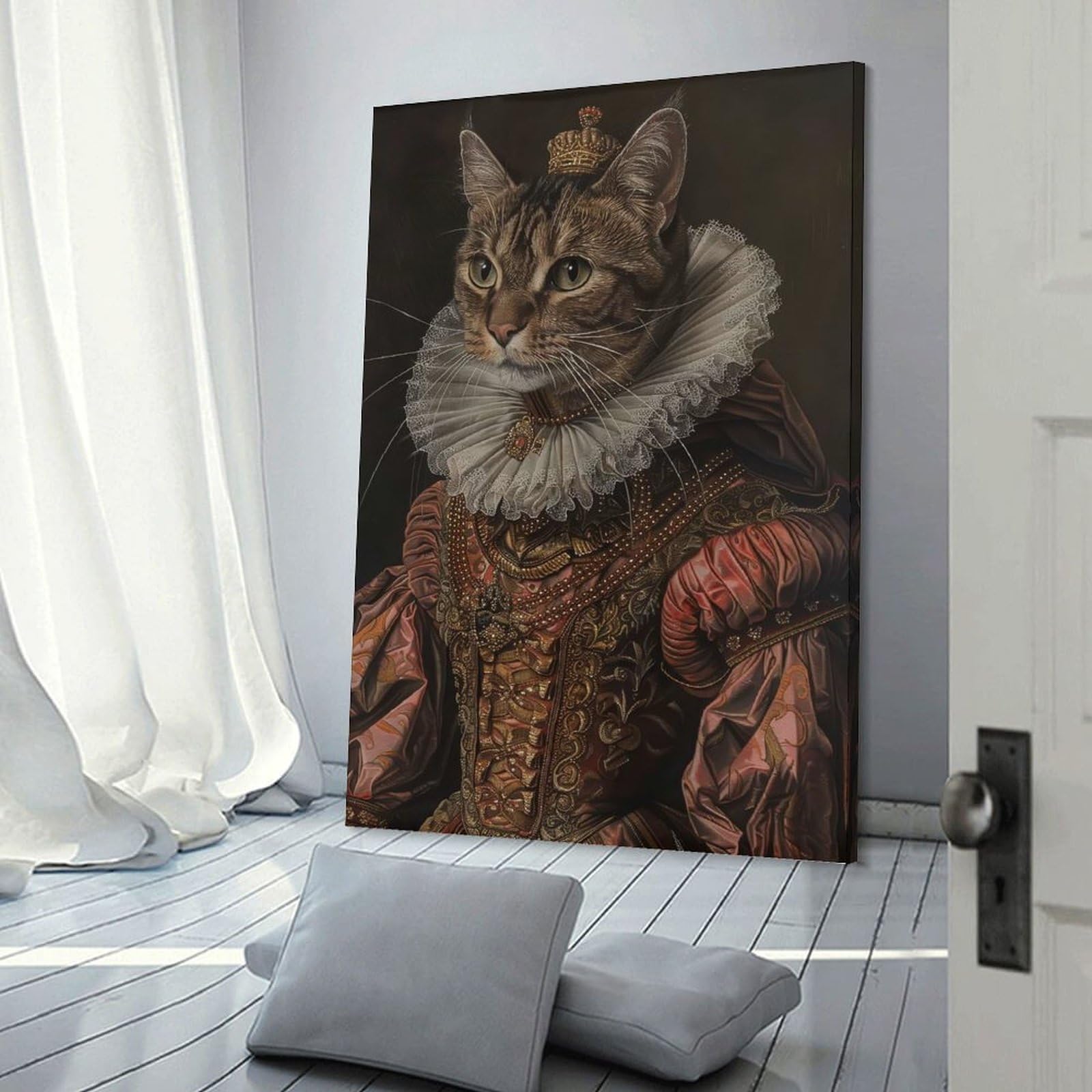 Junmoney Frame-Style-9 Hanging Wall Art Medieval Cat Portrait, 08X12inch(20X30cm), For Entryway, Lounge Links Or Small Walls, A Neat Decor Update For Hallways