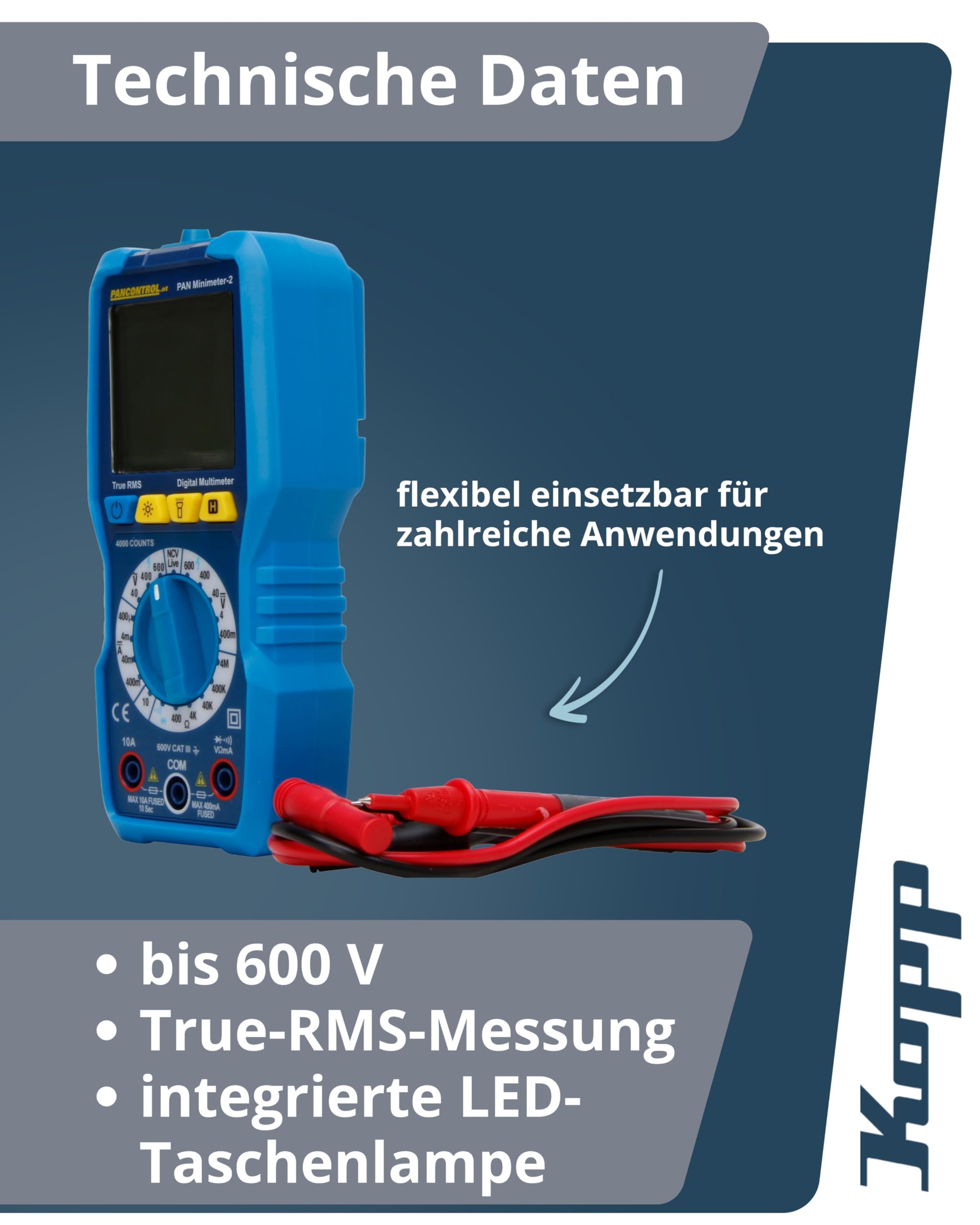 Kopp PAN Minimeter-2 Digital-Multimeter CAT III 600 V – Multimeter mit kontaktlosem Spannungs- & Durchgangsprüfer – Beleuchtete Anzeige mit Analogbalken – LED-Taschenlampe & TRMS