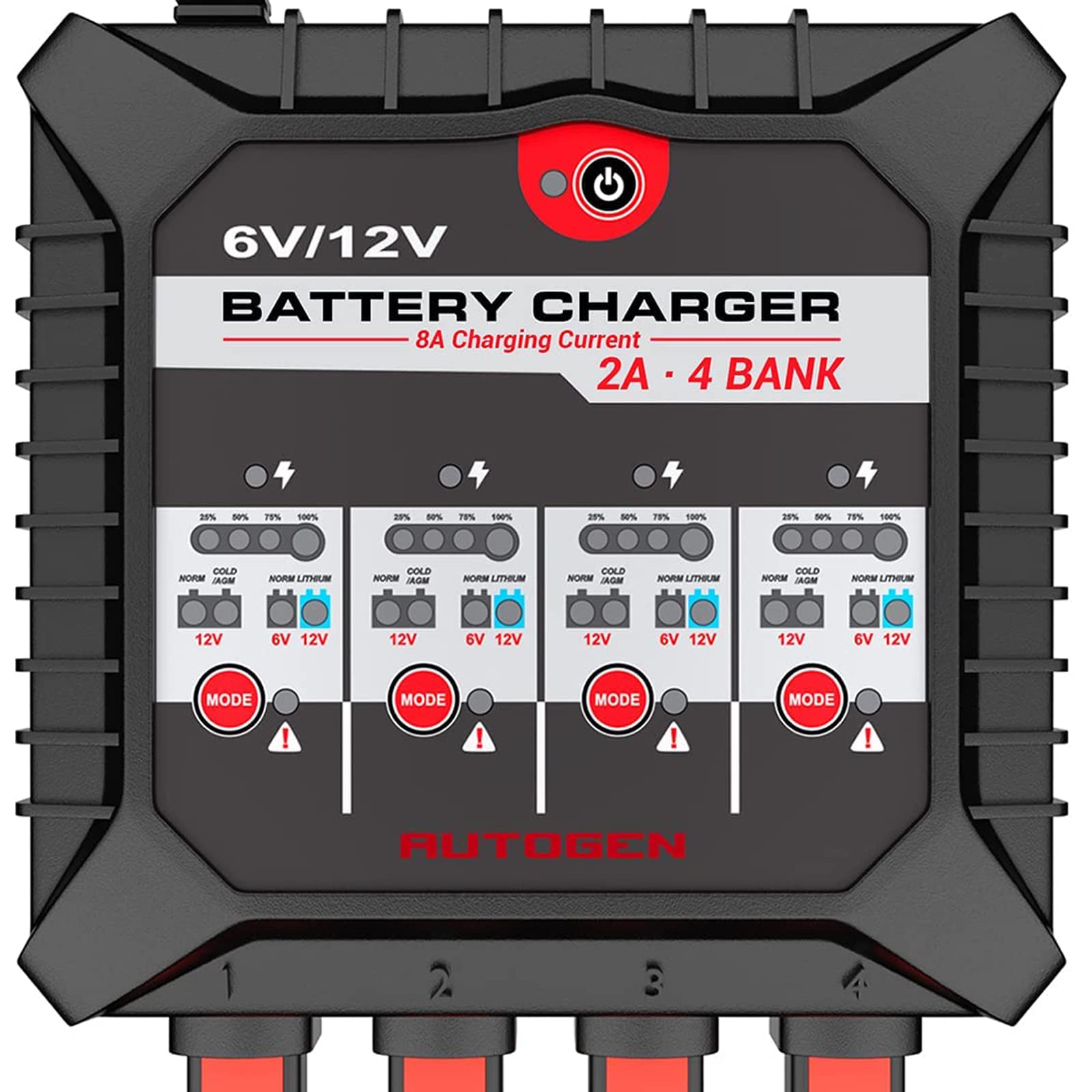 AUTOGEN 4-Bank Marine Battery Charger, 8-Amp (2 -Amp Per Bank) Fully-Automatic Smart Charger, 6V and